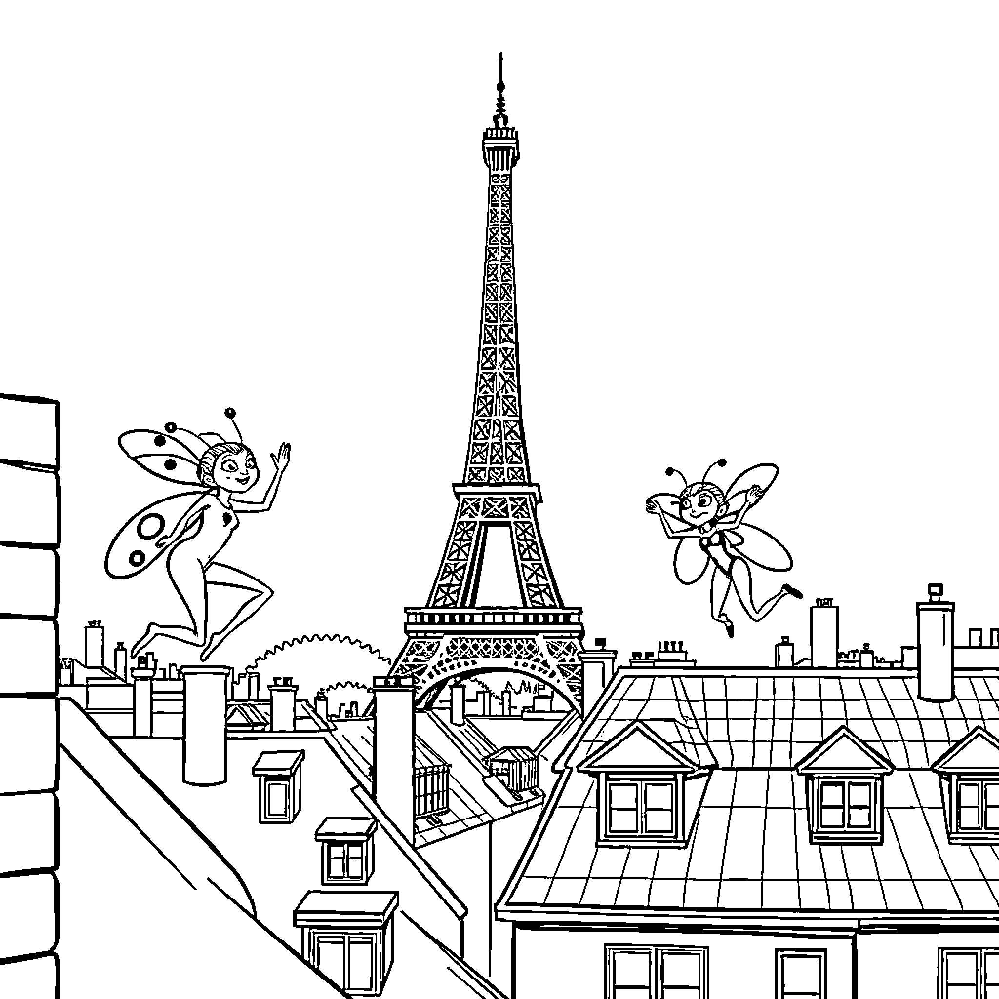 Ladybug's adventure in the city of Paris Coloring Page (free black-and-white line drawing printable PDF for all, from beginners to advanced learners, including children, teens, adults, and seniors)