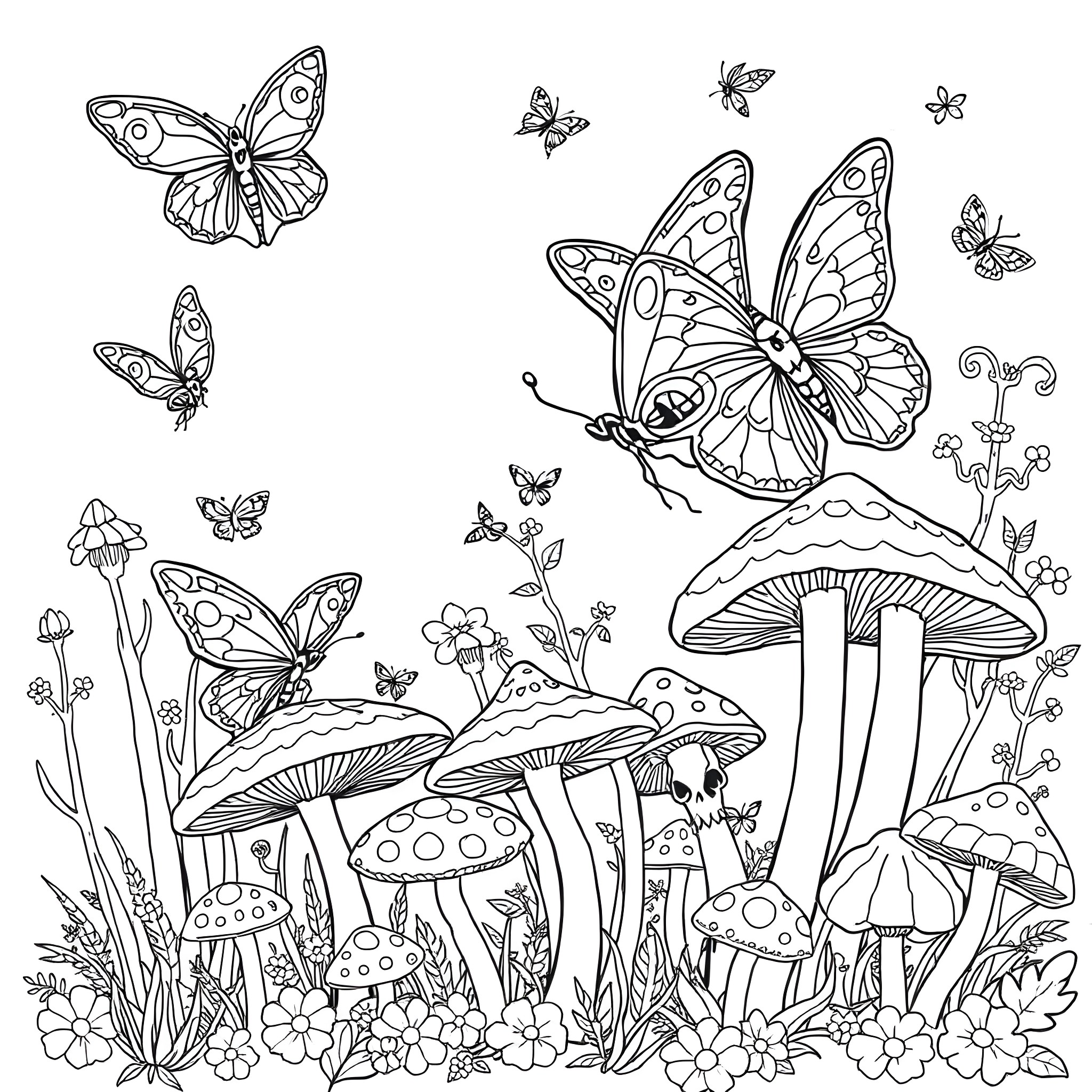Butterflies dancing among mushrooms and flowers Coloring Page (free black-and-white line drawing printable PDF for all, from beginners to advanced learners, including children, teens, adults, and seniors)