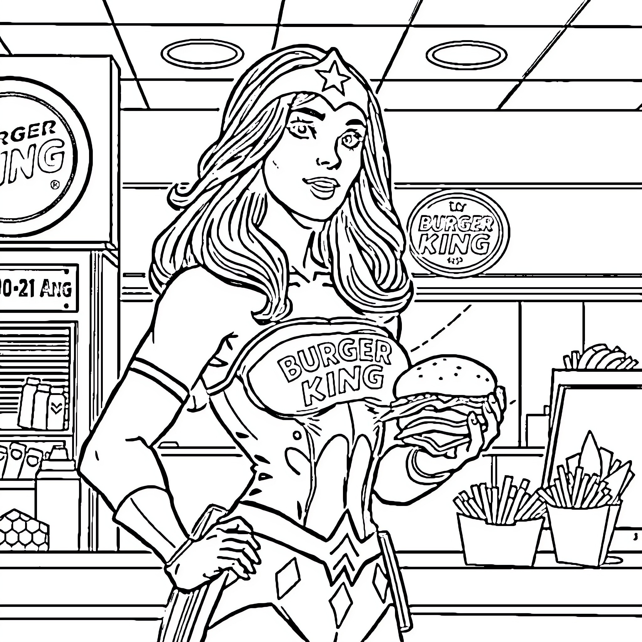 Wonder Woman Ordering Burger King in Diner Coloring Page (free black-and-white line drawing printable PDF for all, from beginners to advanced learners, including children, teens, adults, and seniors)
