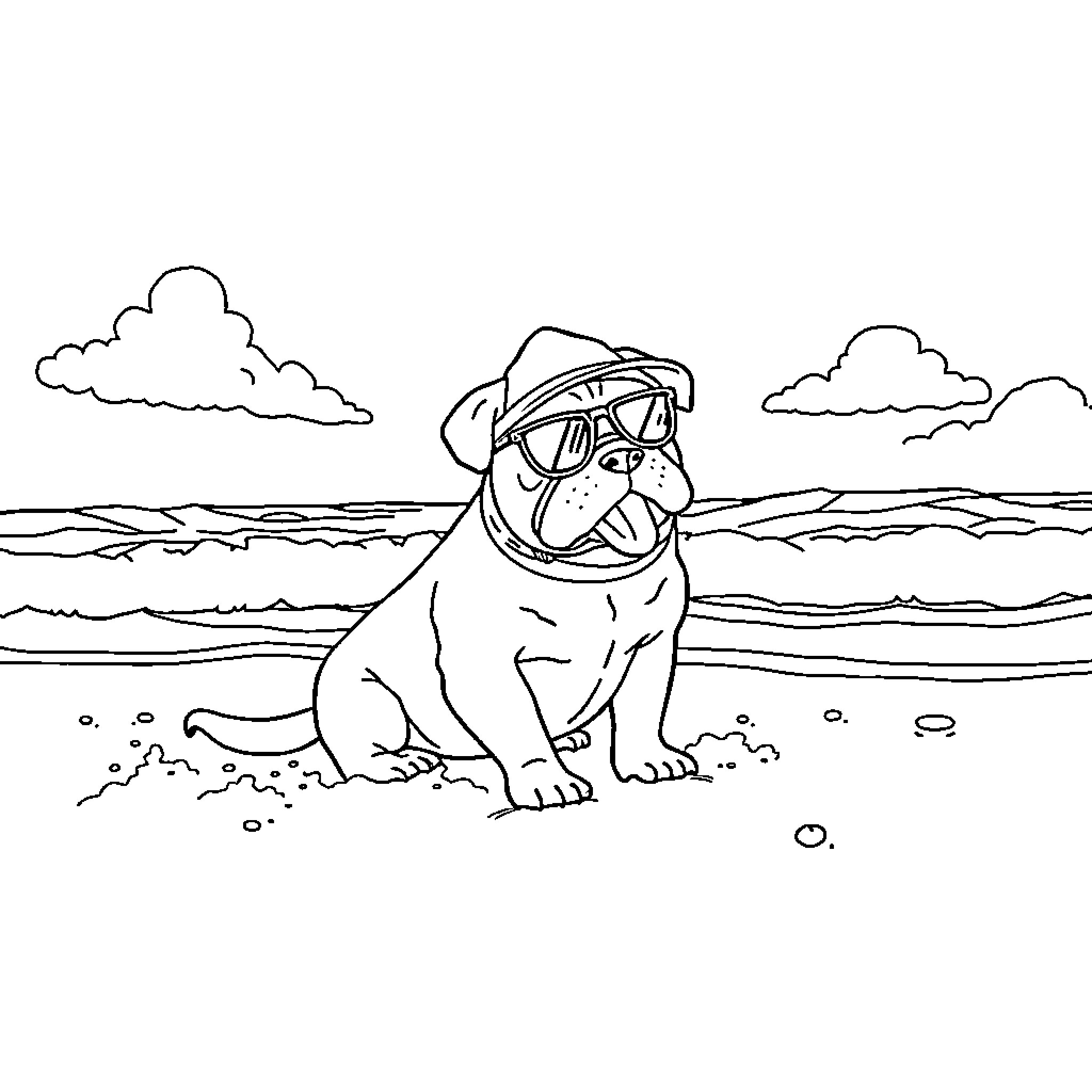 Perro relaxing at the beach Coloring Page (free black-and-white line drawing printable PDF for all, from beginners to advanced learners, including children, teens, adults, and seniors)