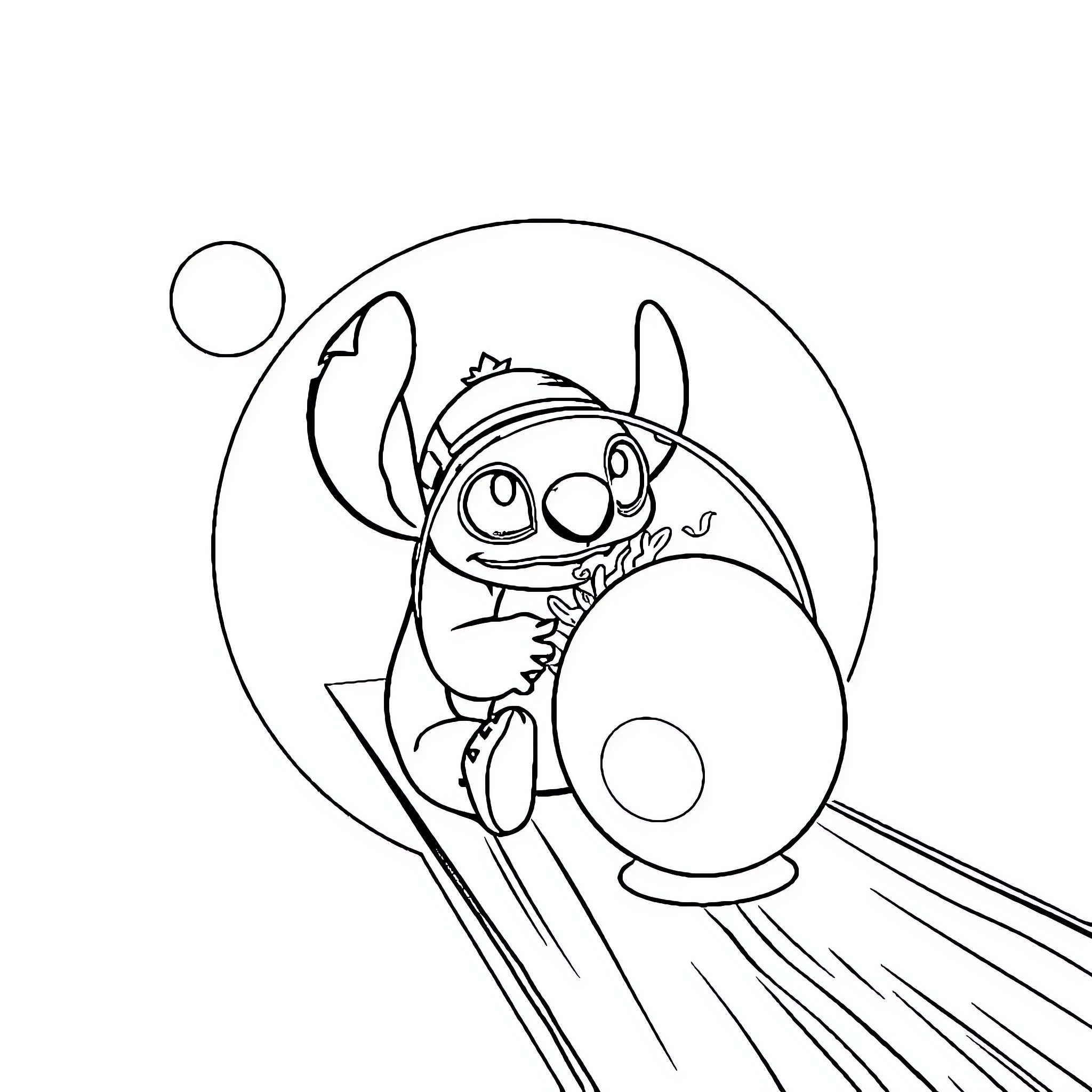 Stitch flying through the air with outstretched arms Coloring Page (free black-and-white line drawing printable PDF for all, from beginners to advanced learners, including children, teens, adults, and seniors)