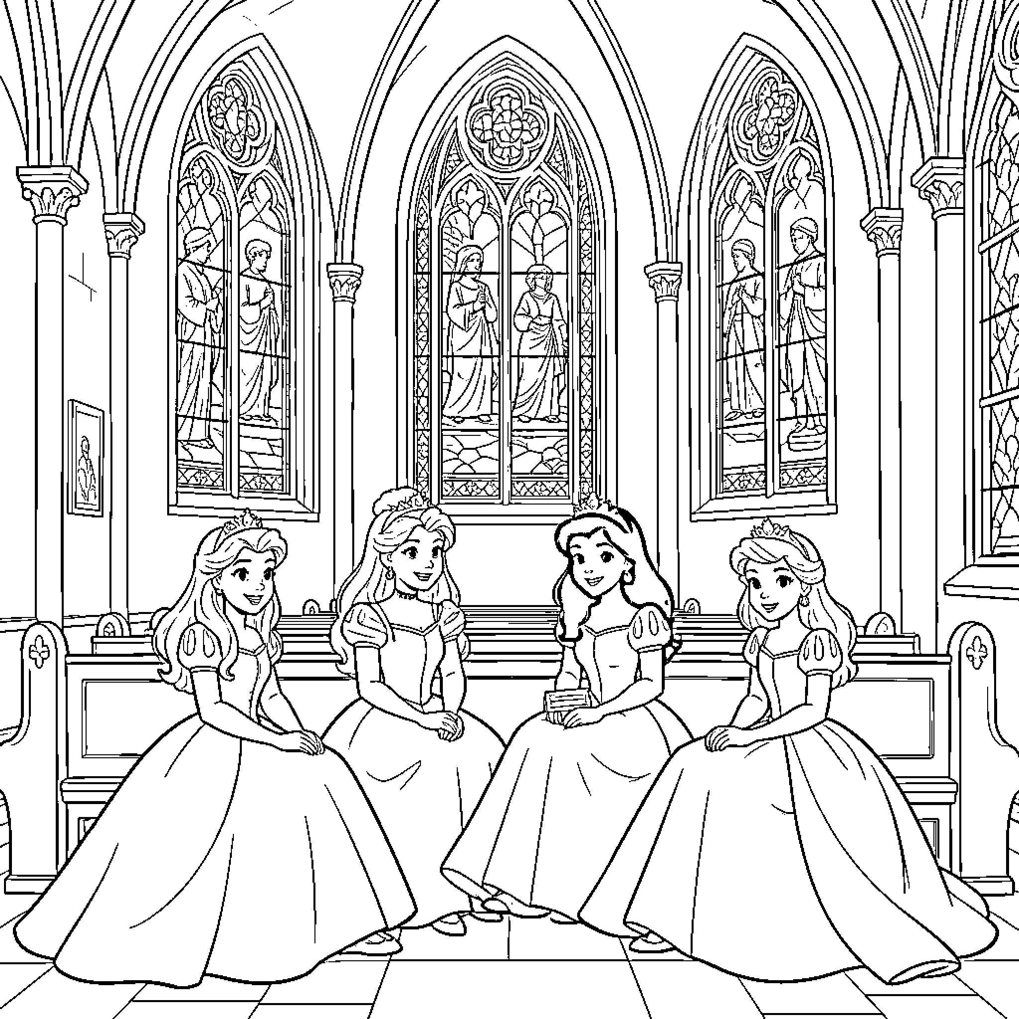 Disney Princesses in a Stained Glass Cathedral Coloring Page (free black-and-white line drawing printable PDF for all, from beginners to advanced learners, including children, teens, adults, and seniors)