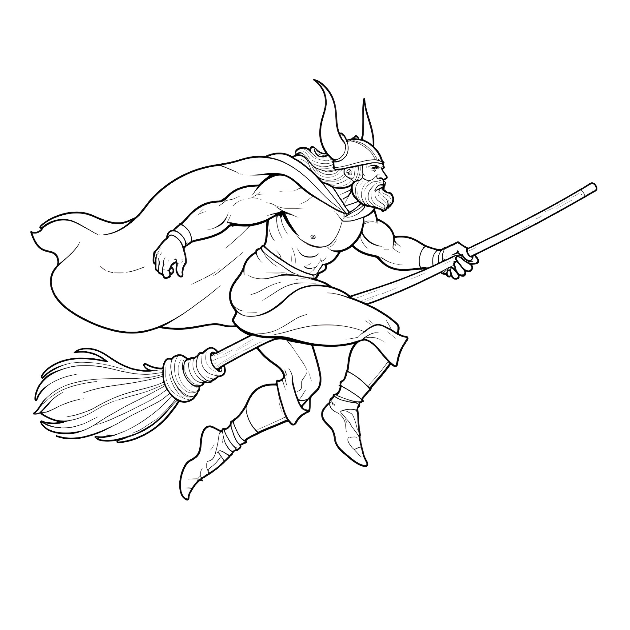 Viking warrior wielding a staff in battle Coloring Page (free black-and-white line drawing printable PDF for all, from beginners to advanced learners, including children, teens, adults, and seniors)