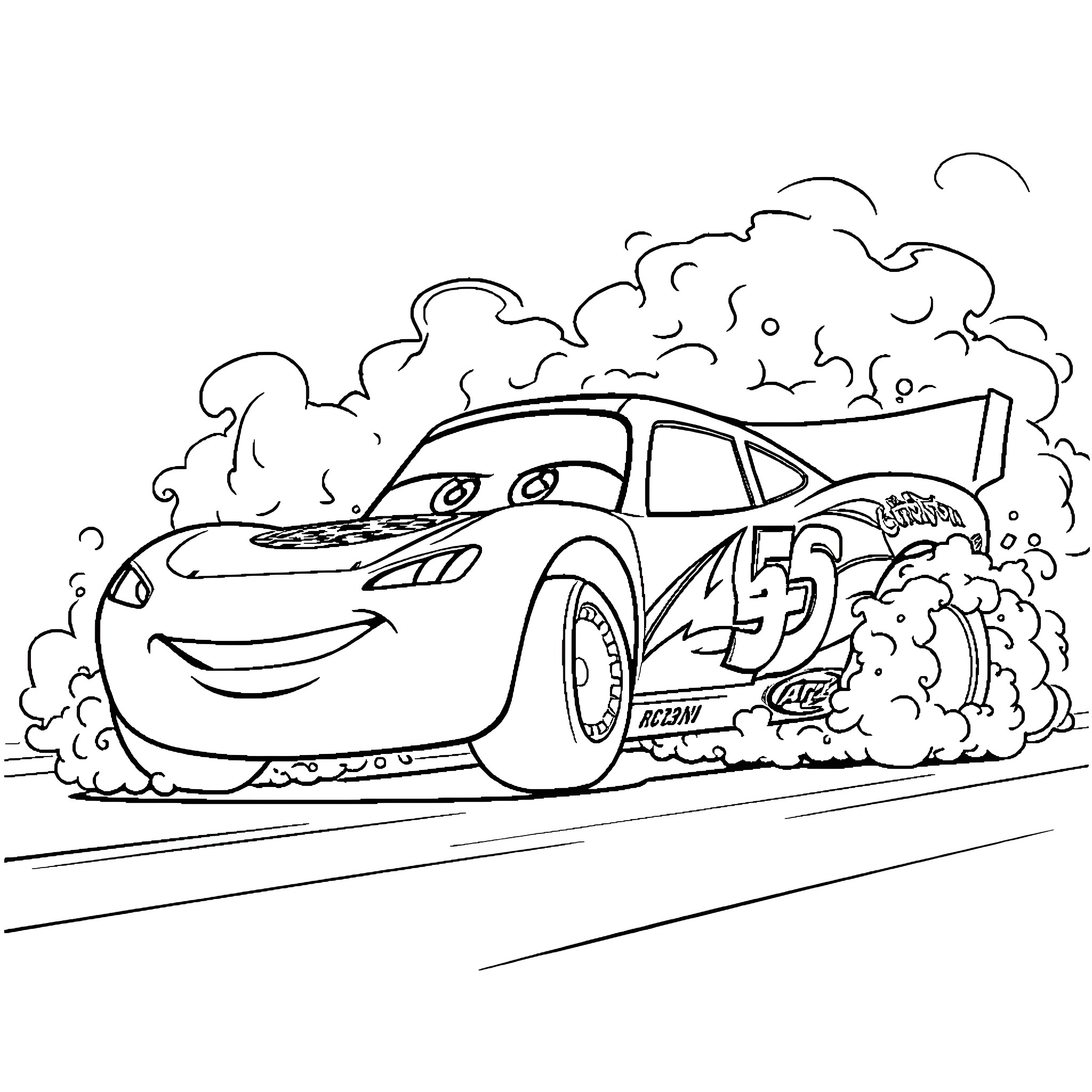 Lightning McQueen racing enthusiastically on the track Coloring Page (free black-and-white line drawing printable PDF for all, from beginners to advanced learners, including children, teens, adults, and seniors)