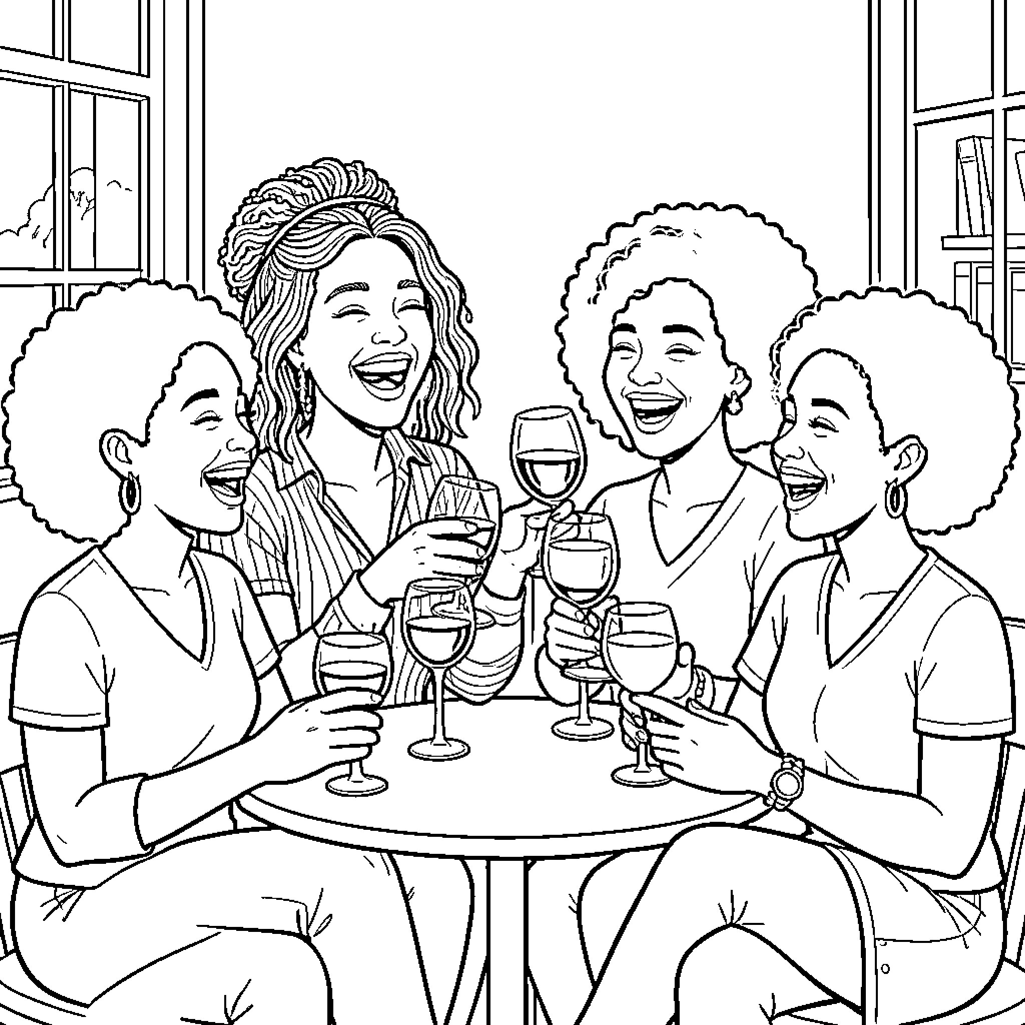 Women enjoying a social gathering with wine Coloring Page (free black-and-white line drawing printable PDF for all, from beginners to advanced learners, including children, teens, adults, and seniors)