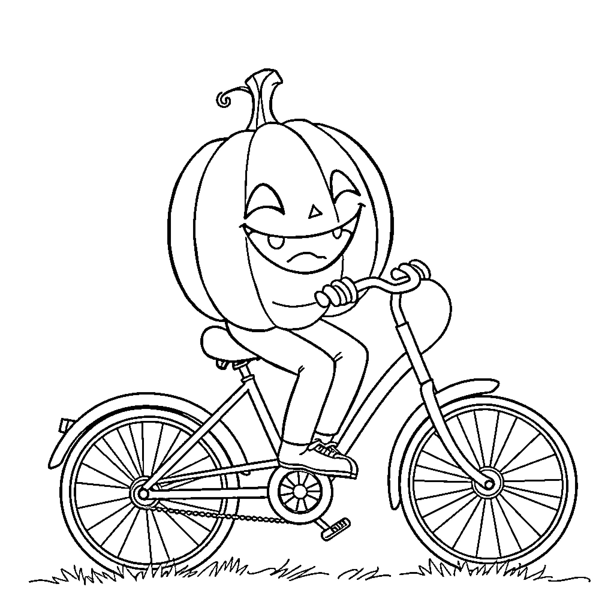 Pumpkin riding a bicycle happily Coloring Page (free black-and-white line drawing printable PDF for all, from beginners to advanced learners, including children, teens, adults, and seniors)