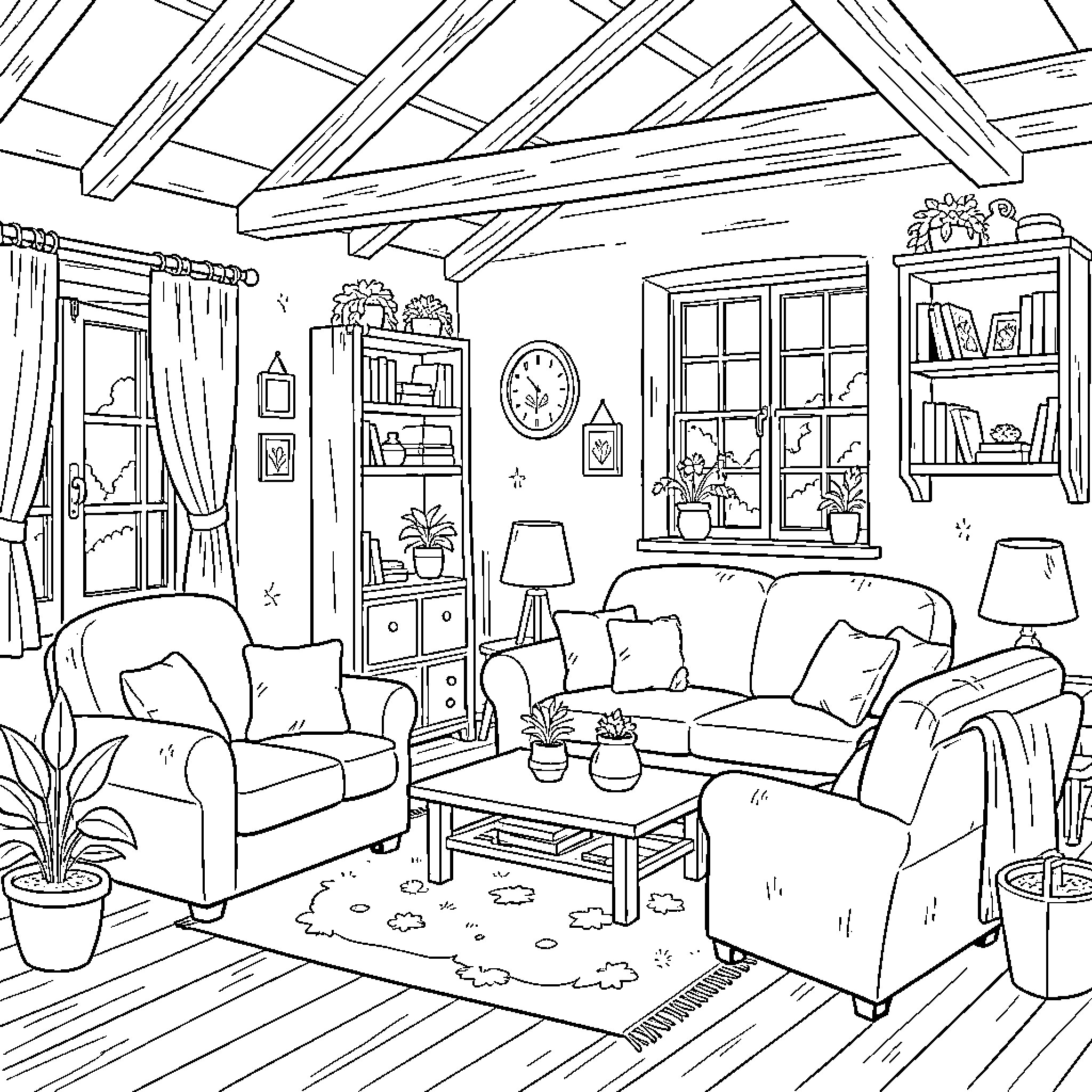 Cottage living room scene with cozy furniture and plants Coloring Page (free black-and-white line drawing printable PDF for all, from beginners to advanced learners, including children, teens, adults, and seniors)