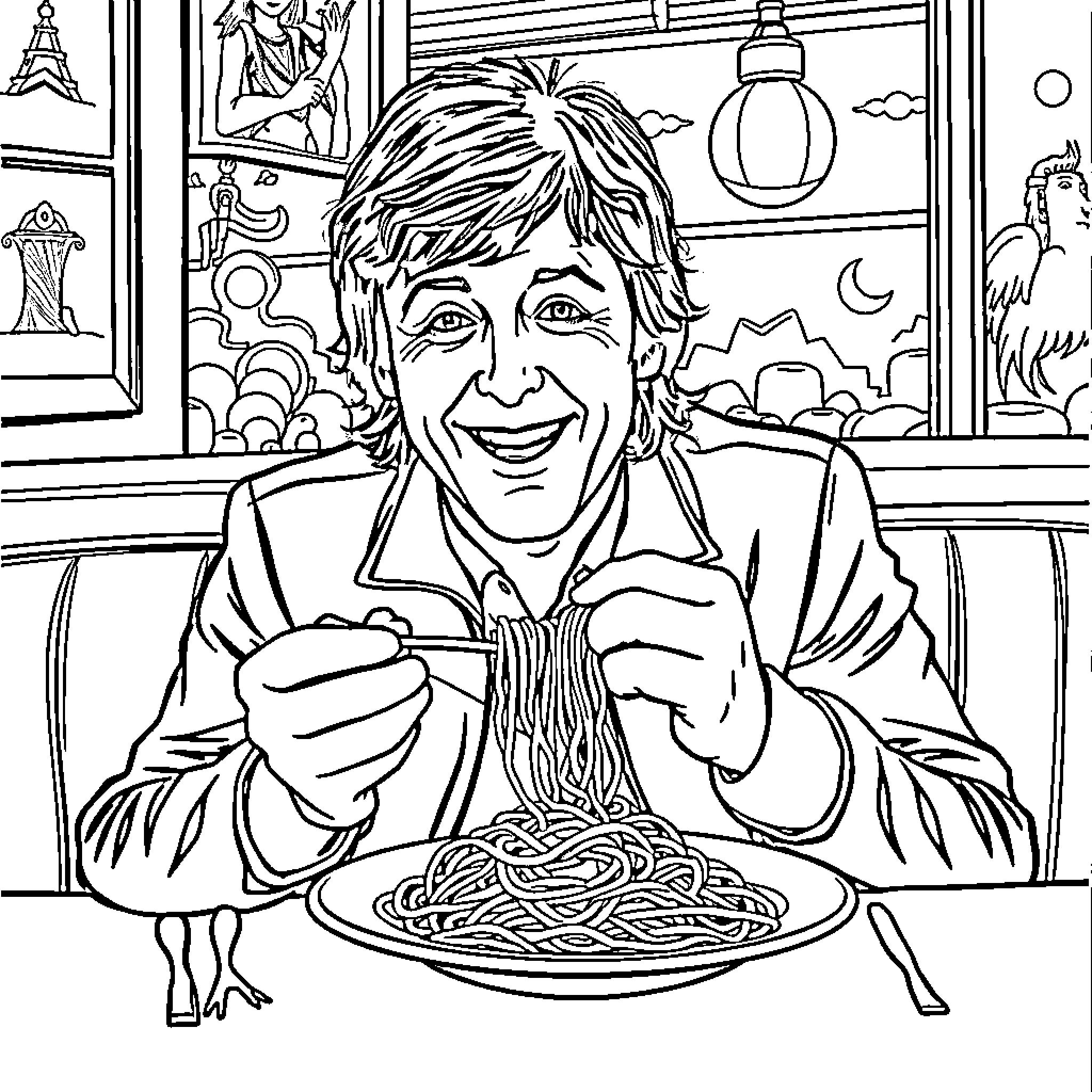Paul McCartney Enjoys Spaghetti Dinner in Intimate Setting Coloring Page (free black-and-white line drawing printable PDF for all, from beginners to advanced learners, including children, teens, adults, and seniors)