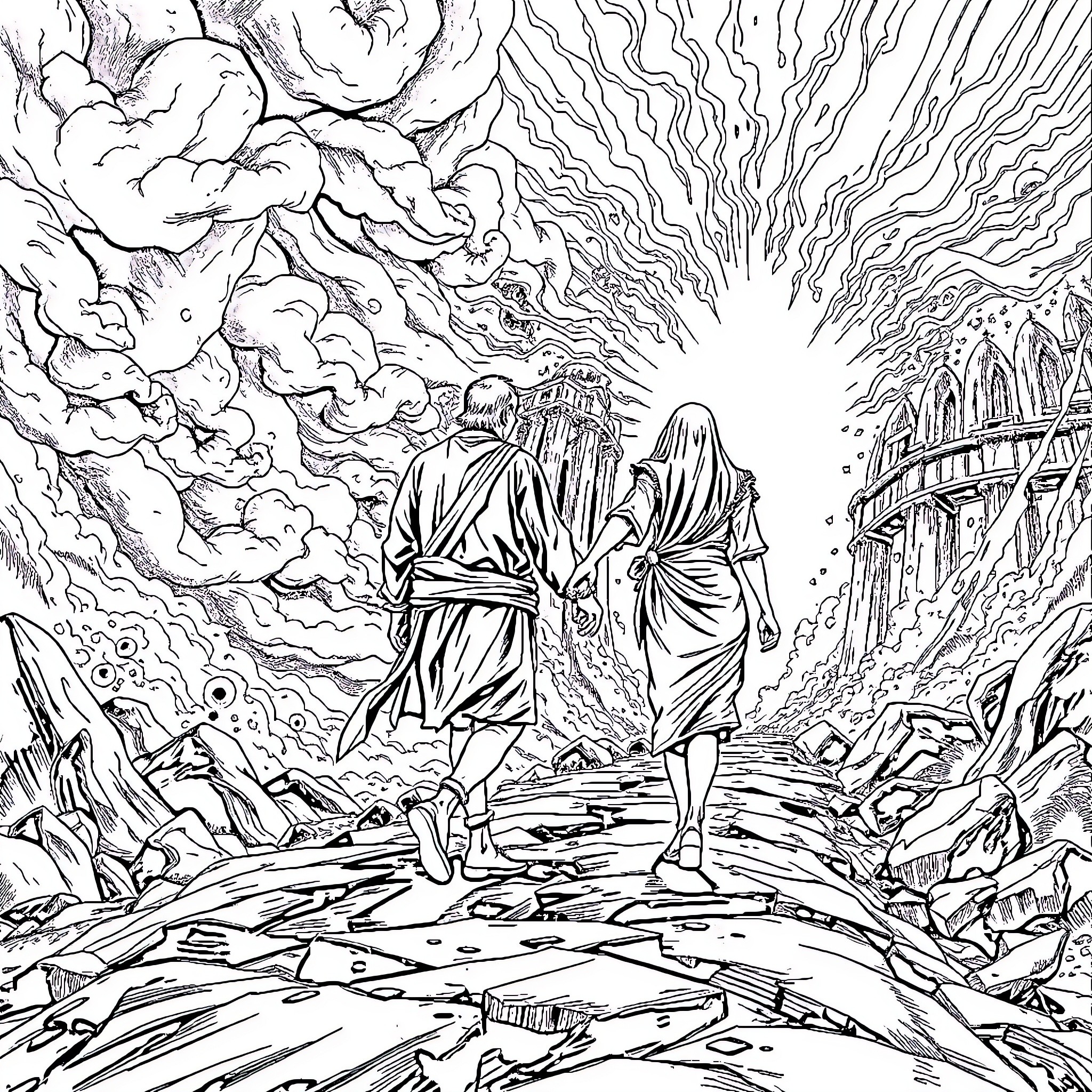 Couple walking through a mystical landscape Coloring Page (free black-and-white line drawing printable PDF for all, from beginners to advanced learners, including children, teens, adults, and seniors)