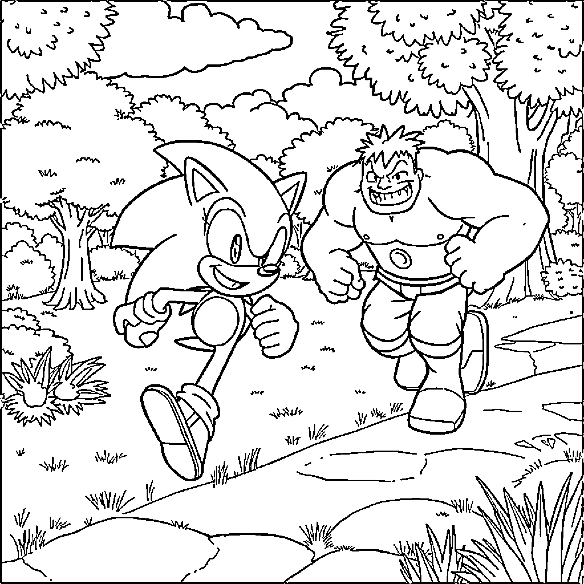 Sonic running alongside a muscular character through a forest Coloring Page (free black-and-white line drawing printable PDF for all, from beginners to advanced learners, including children, teens, adults, and seniors)