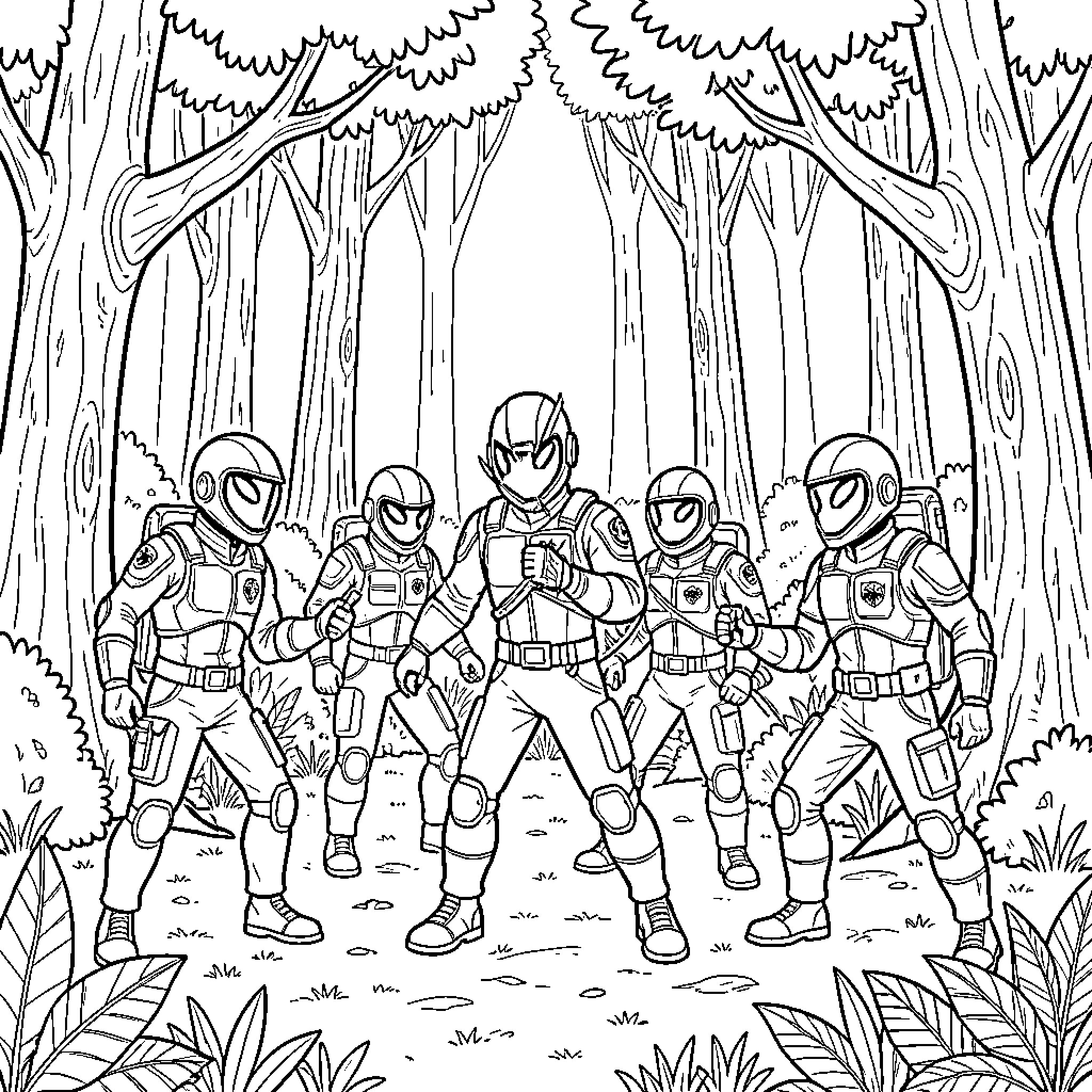 Spider Ranger team standing together in a dense forest Coloring Page (free black-and-white line drawing printable PDF for all, from beginners to advanced learners, including children, teens, adults, and seniors)