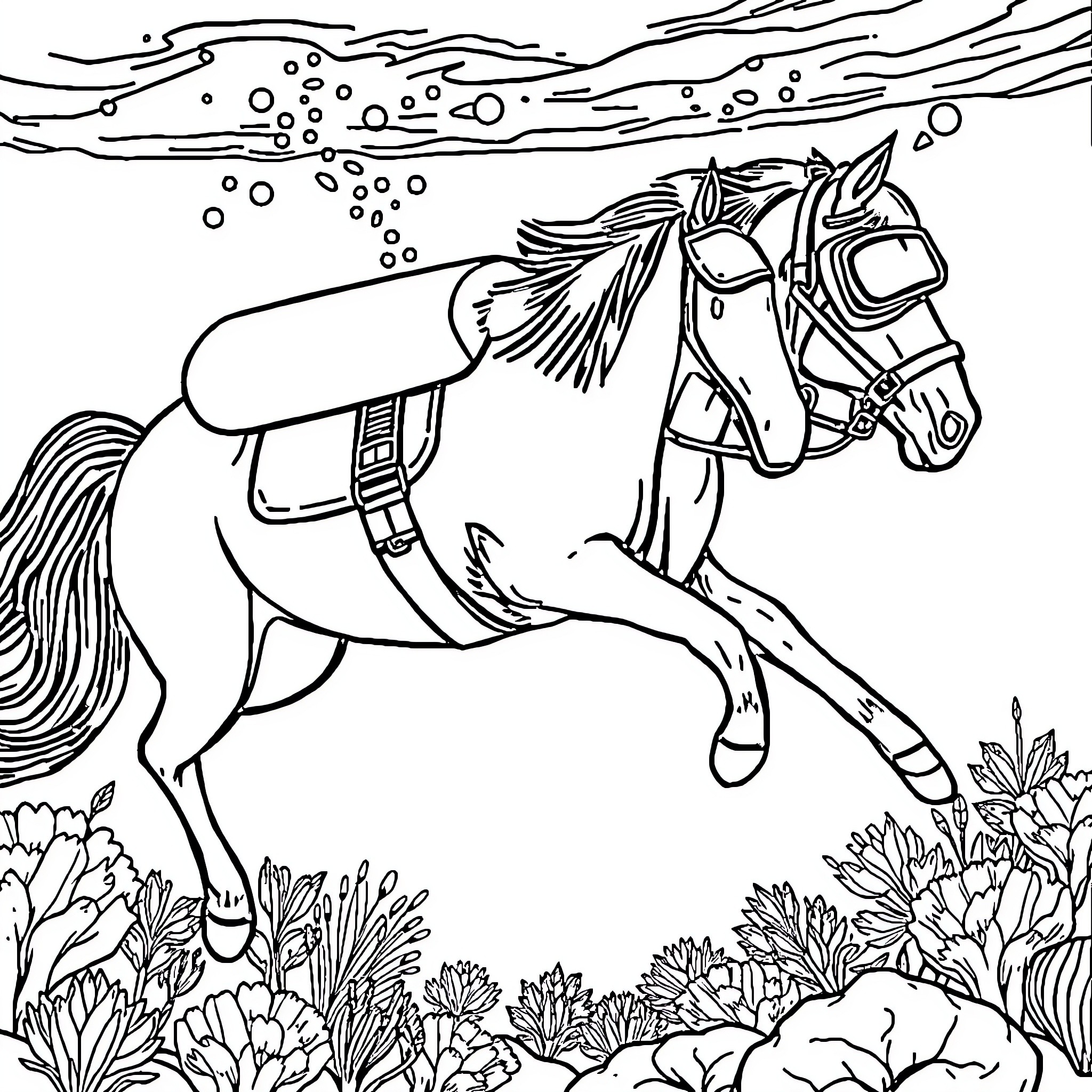 Horse galloping through a winter wonderland Coloring Page (free black-and-white line drawing printable PDF for all, from beginners to advanced learners, including children, teens, adults, and seniors)