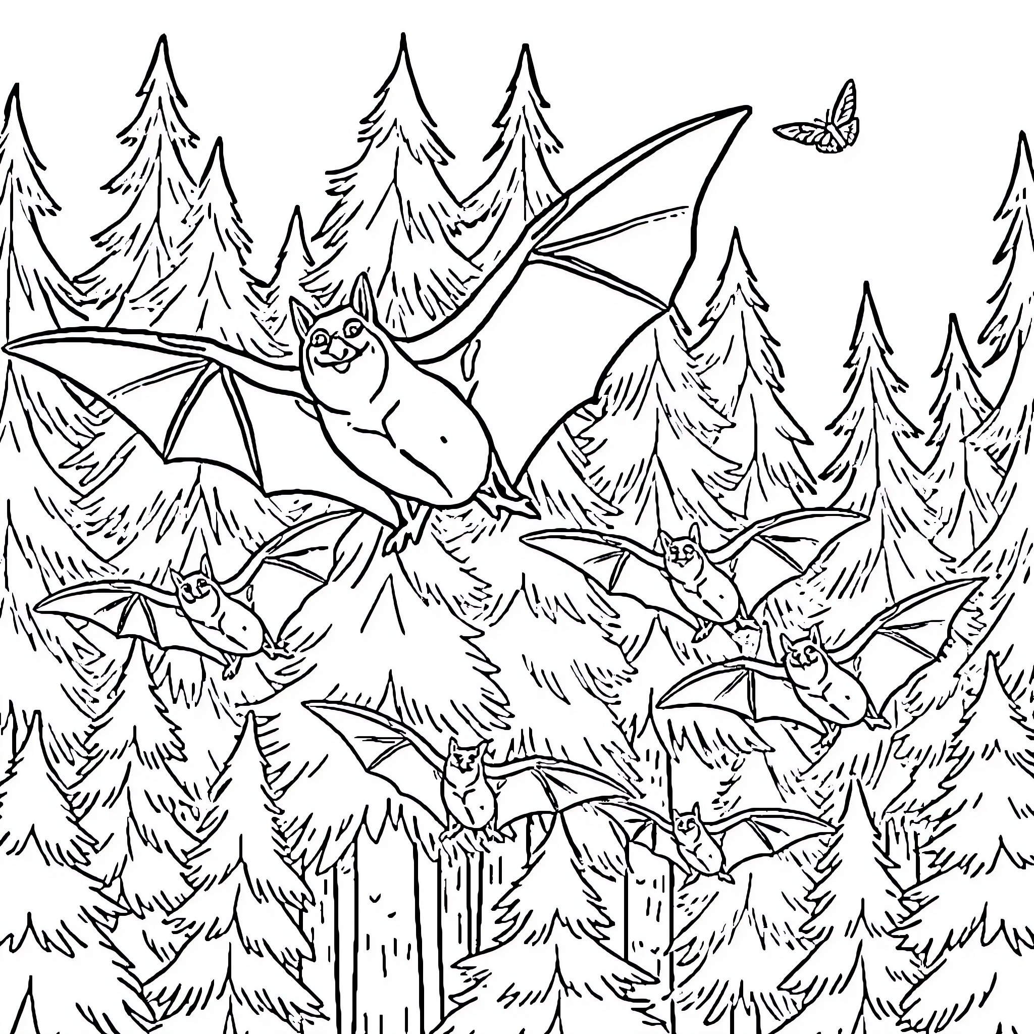 Fruit Bat colony flying through the forest Coloring Page (free black-and-white line drawing printable PDF for all, from beginners to advanced learners, including children, teens, adults, and seniors)