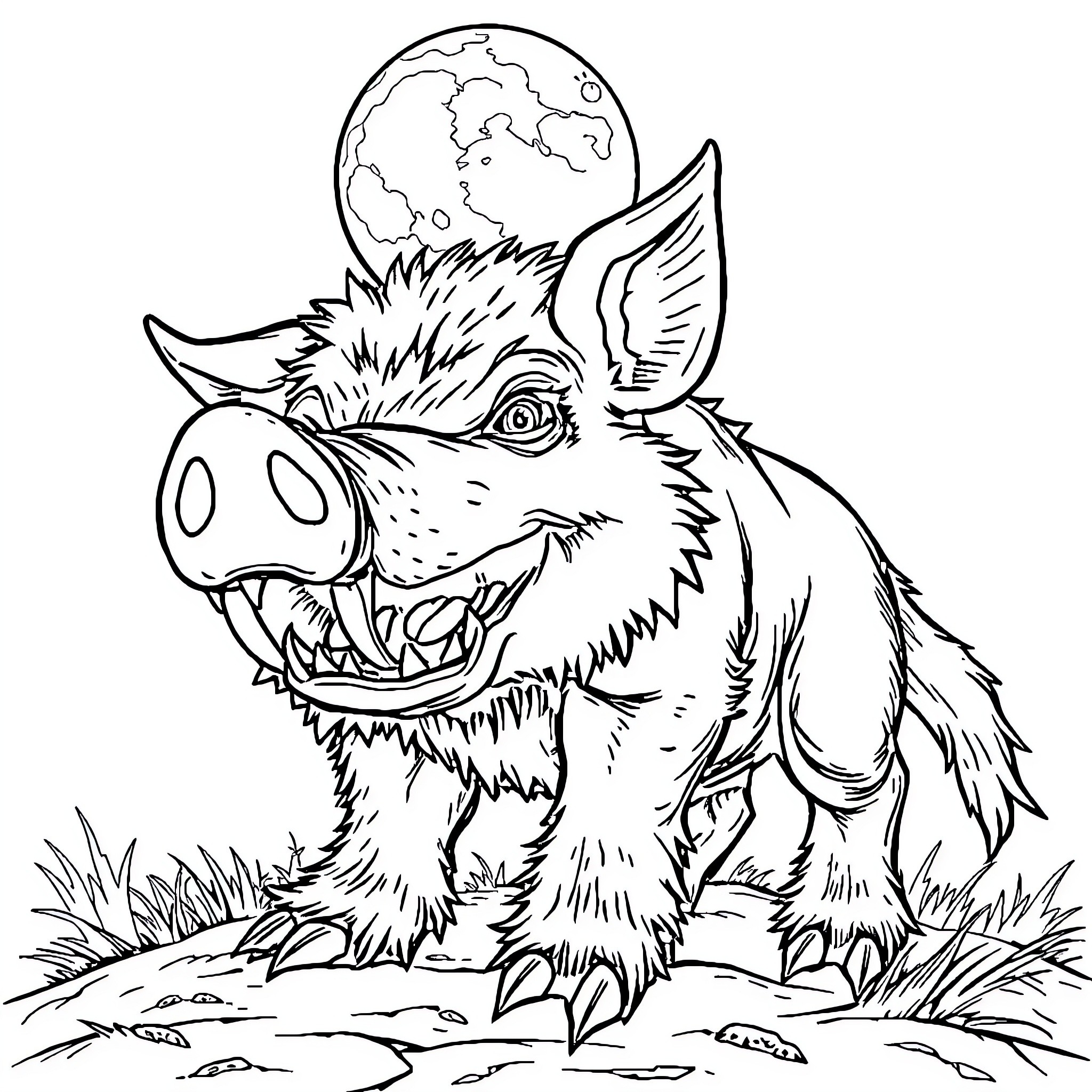 Pig Werewolf Growling Ferociously Under Moonlight Coloring Page (free black-and-white line drawing printable PDF for all, from beginners to advanced learners, including children, teens, adults, and seniors)