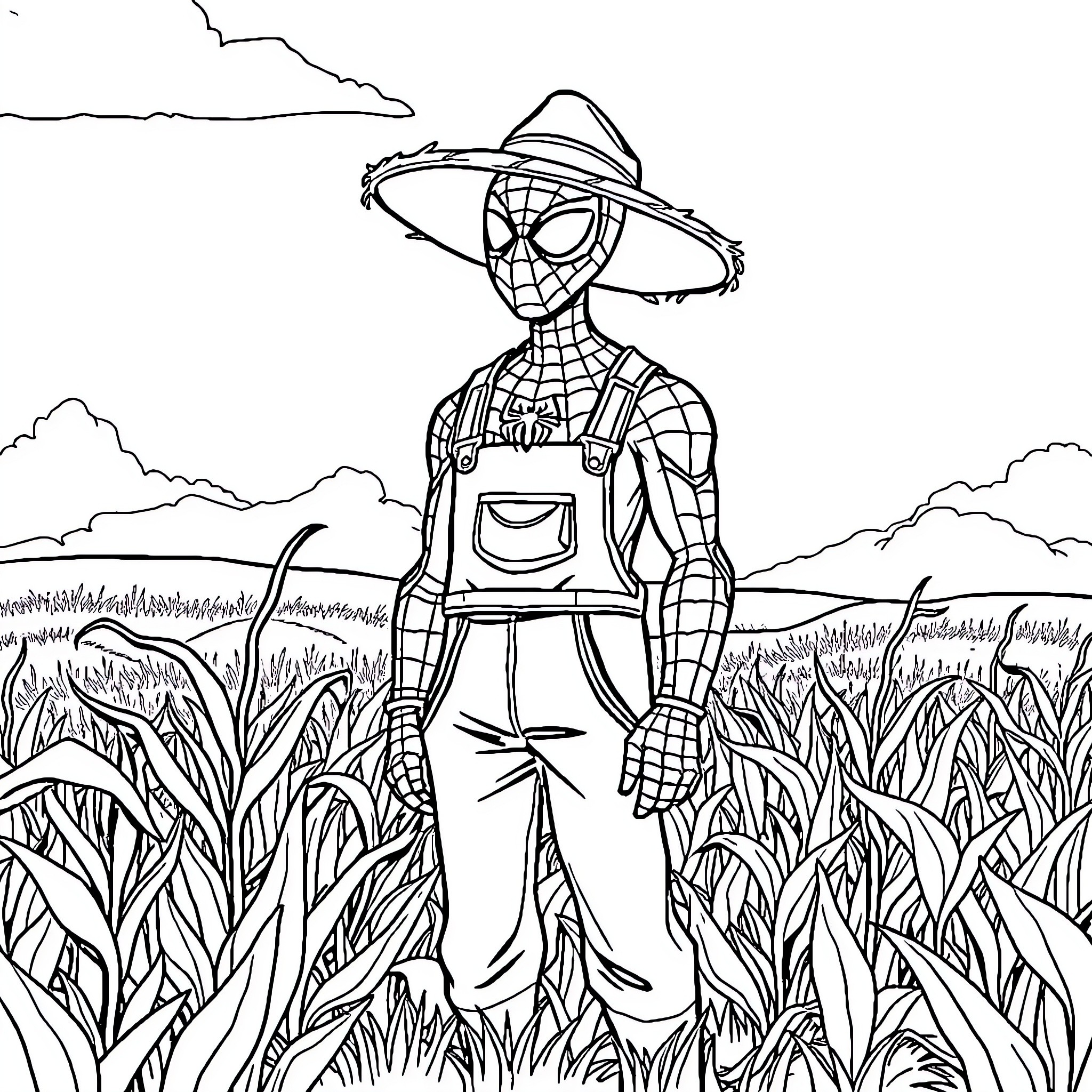 Spider-Man exploring a cornfield in summer attire Coloring Page (free black-and-white line drawing printable PDF for all, from beginners to advanced learners, including children, teens, adults, and seniors)