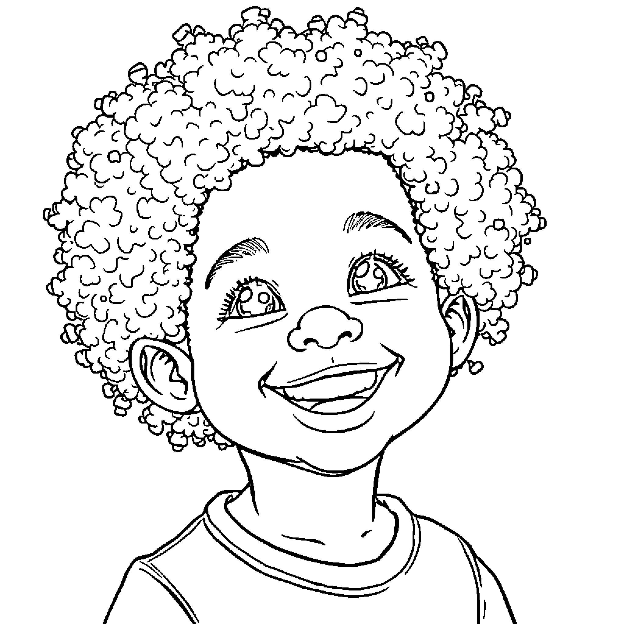 Child with curly hair and a cheerful expression Coloring Page (free black-and-white line drawing printable PDF for all, from beginners to advanced learners, including children, teens, adults, and seniors)