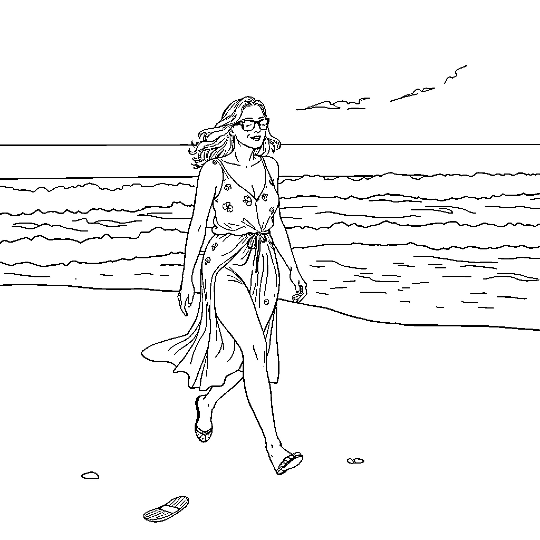 Mary Louise Parker strolling on the beach Coloring Page (free black-and-white line drawing printable PDF for all, from beginners to advanced learners, including children, teens, adults, and seniors)