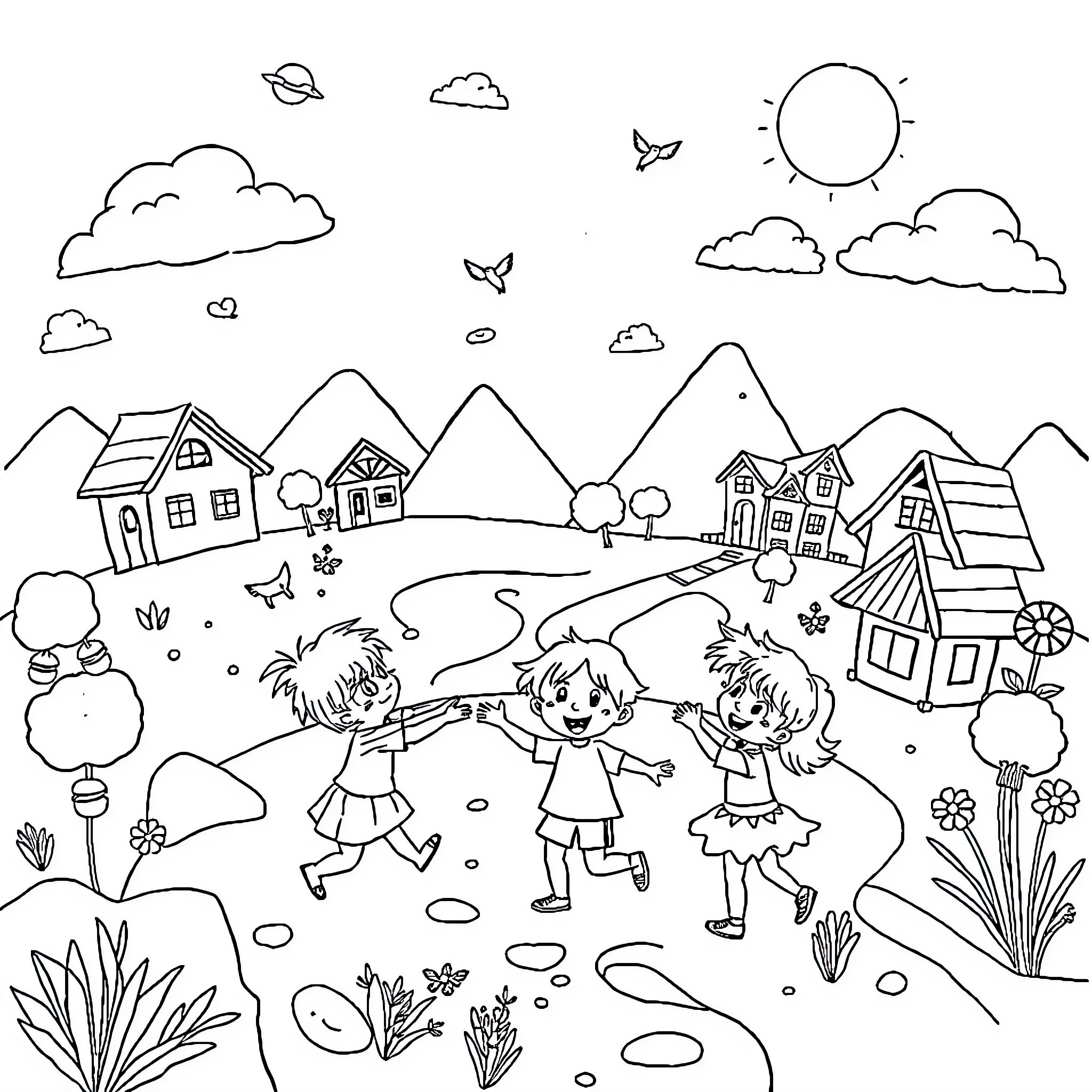 Child playing outdoors in a scenic landscape Coloring Page (free black-and-white line drawing printable PDF for all, from beginners to advanced learners, including children, teens, adults, and seniors)