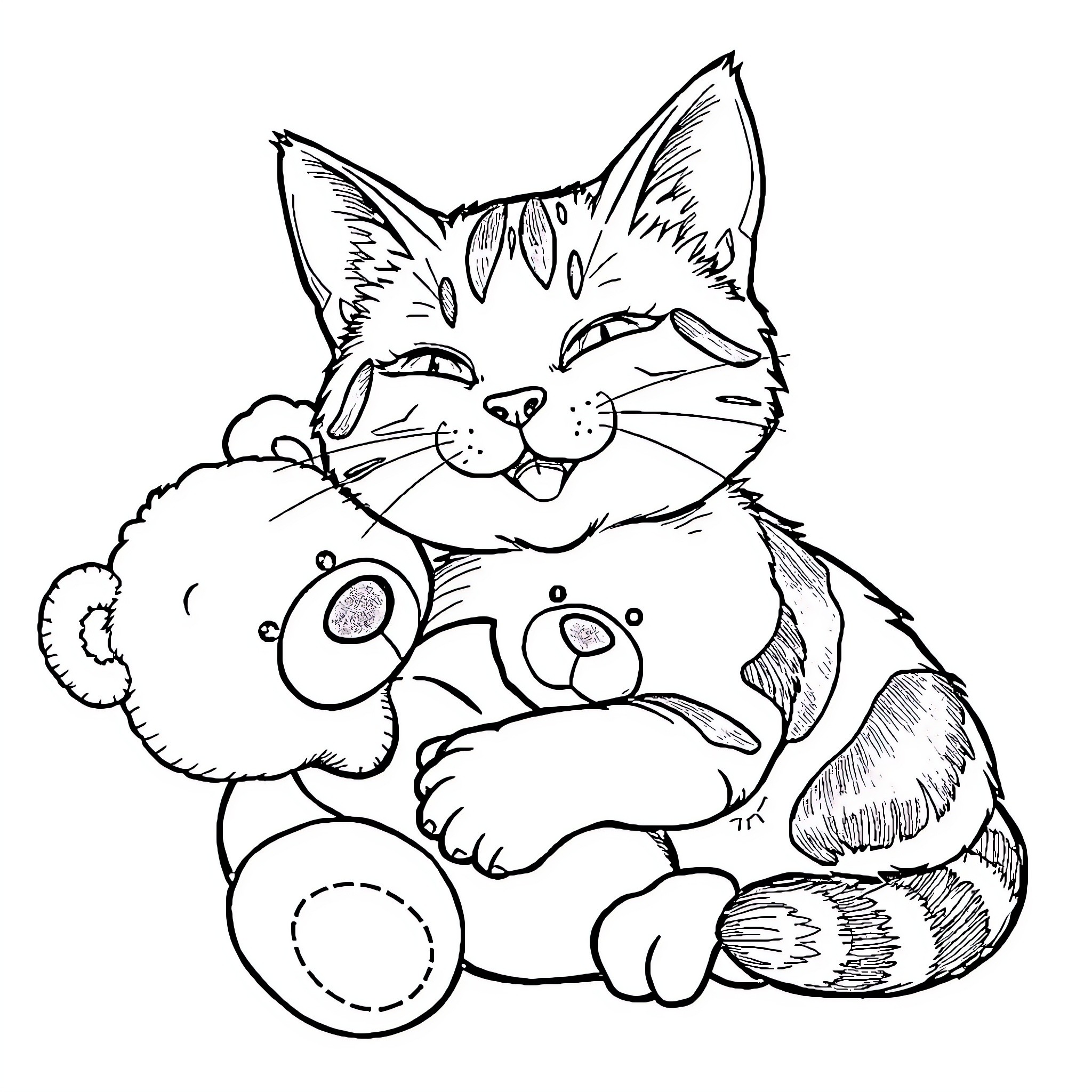 Cat cuddling a plush toy Coloring Page (free black-and-white line drawing printable PDF for all, from beginners to advanced learners, including children, teens, adults, and seniors)