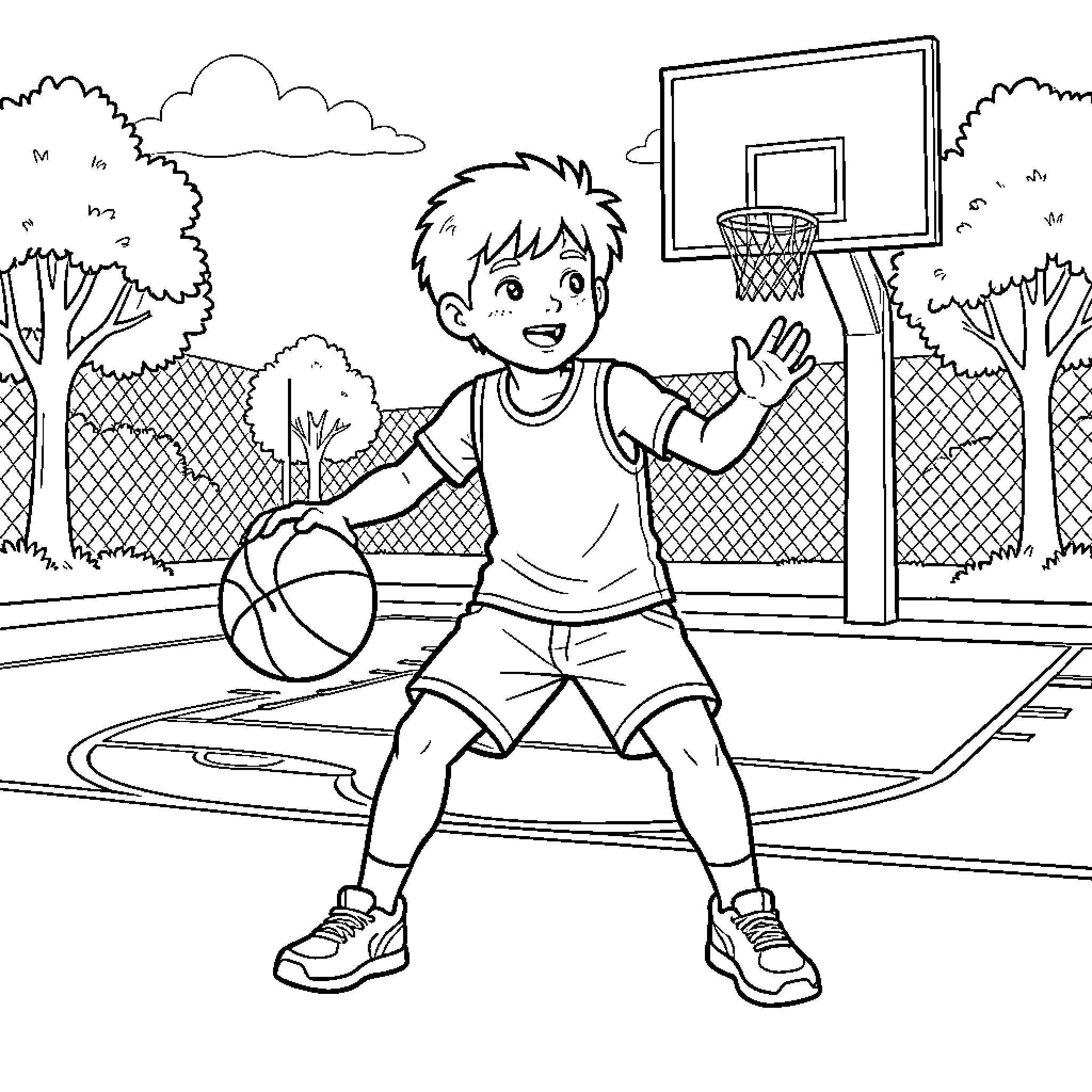 NBA Young Boy dribbling a basketball on a court Coloring Page (free black-and-white line drawing printable PDF for all, from beginners to advanced learners, including children, teens, adults, and seniors)