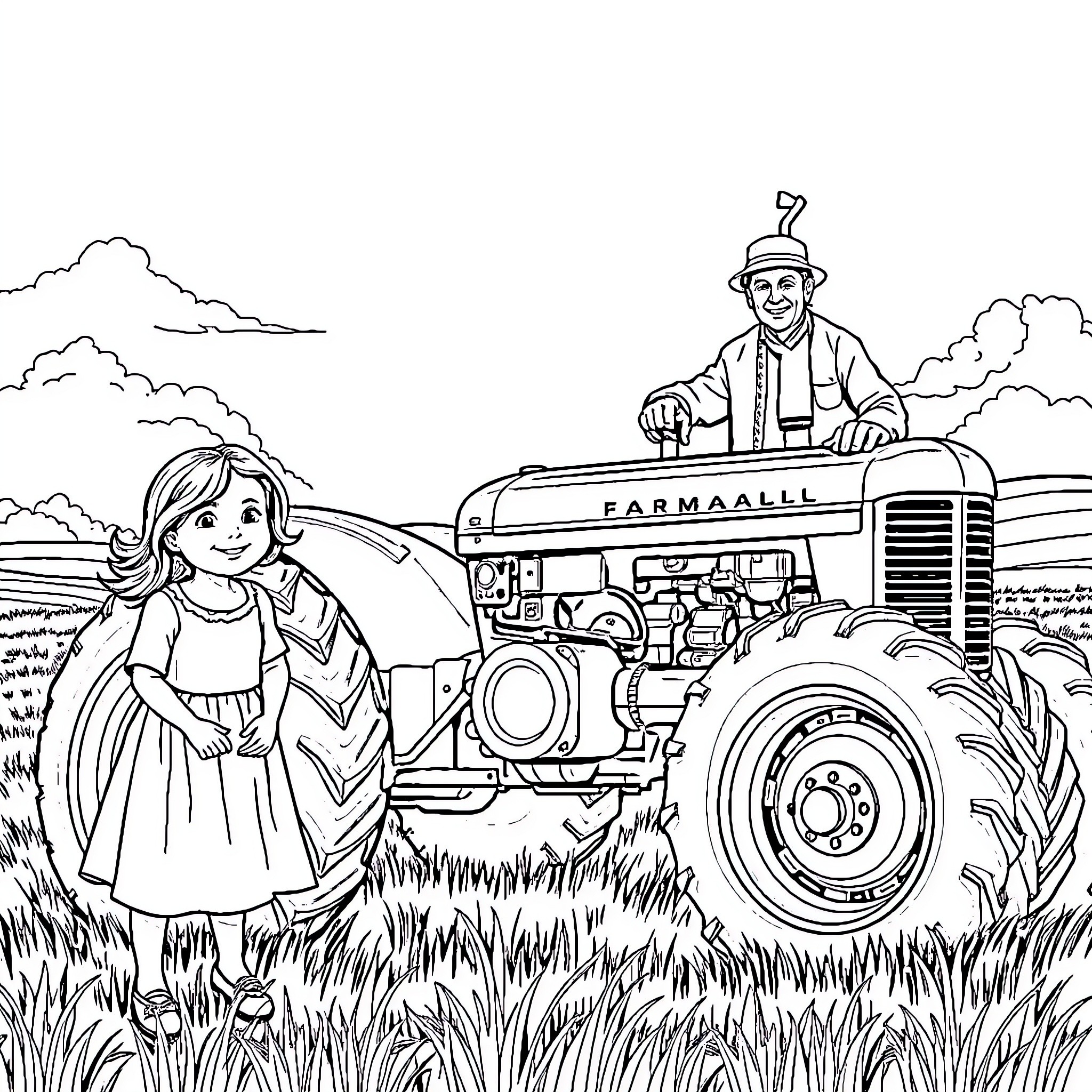 Girl and farmer on tractor in countryside Coloring Page (free black-and-white line drawing printable PDF for all, from beginners to advanced learners, including children, teens, adults, and seniors)