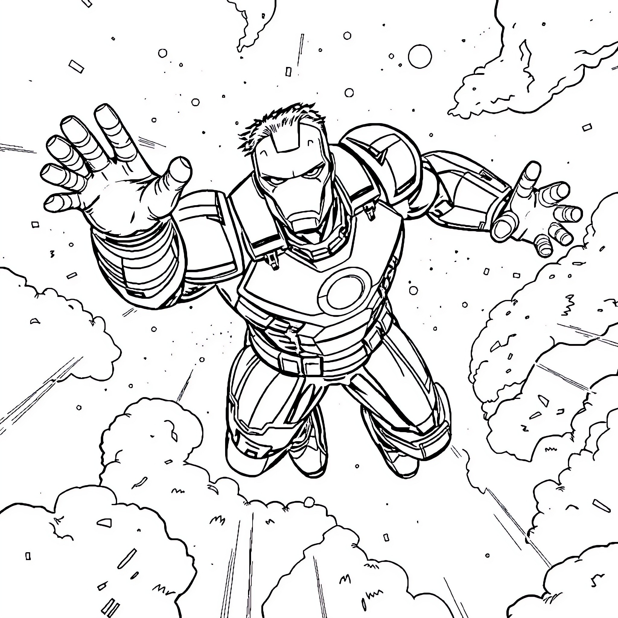 Hulk Smashing Through the Skies in Heroic Pose Coloring Page (free black-and-white line drawing printable PDF for all, from beginners to advanced learners, including children, teens, adults, and seniors)