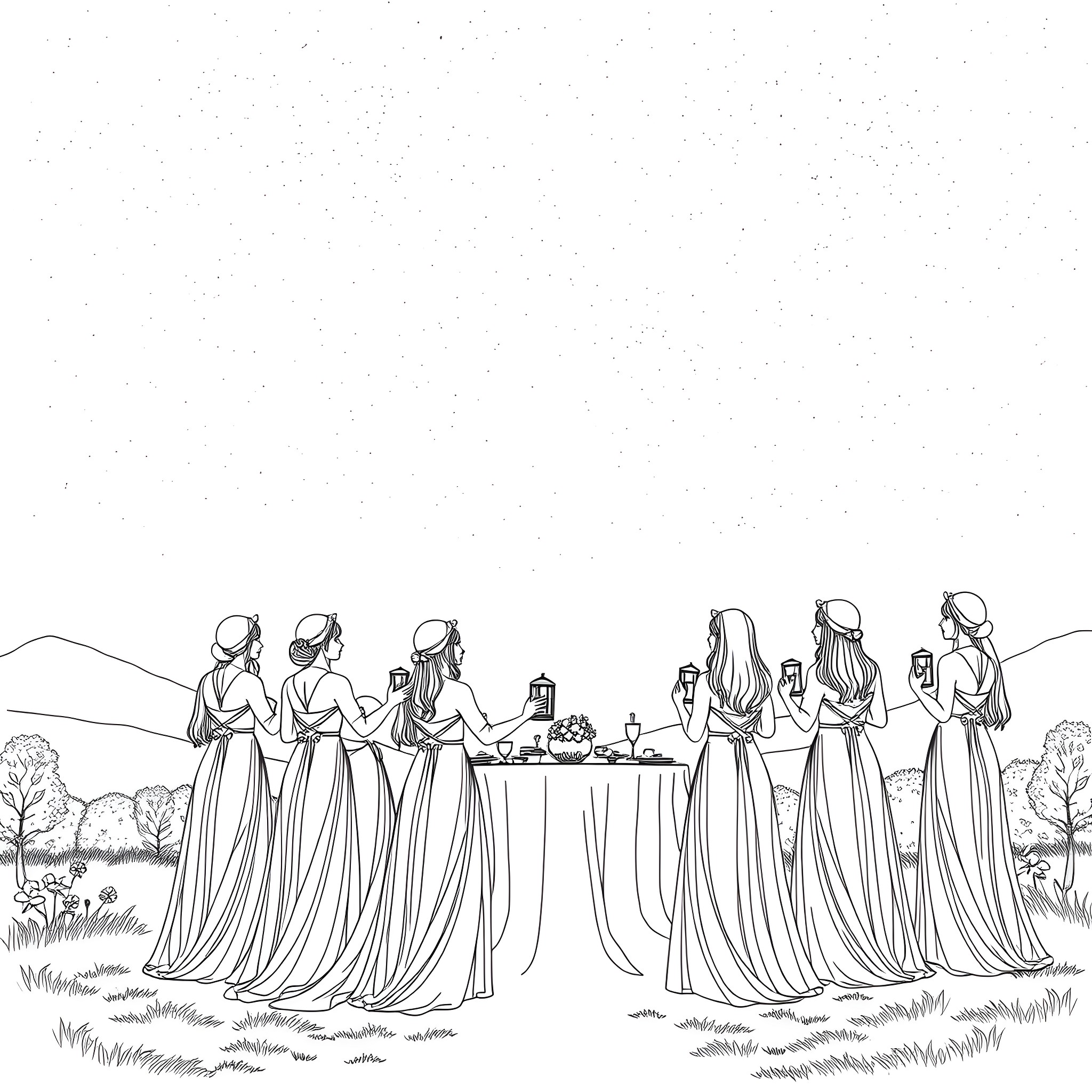 Bible Verse: Women in long gowns gathered around a table Coloring Page (free black-and-white line drawing printable PDF for all, from beginners to advanced learners, including children, teens, adults, and seniors)
