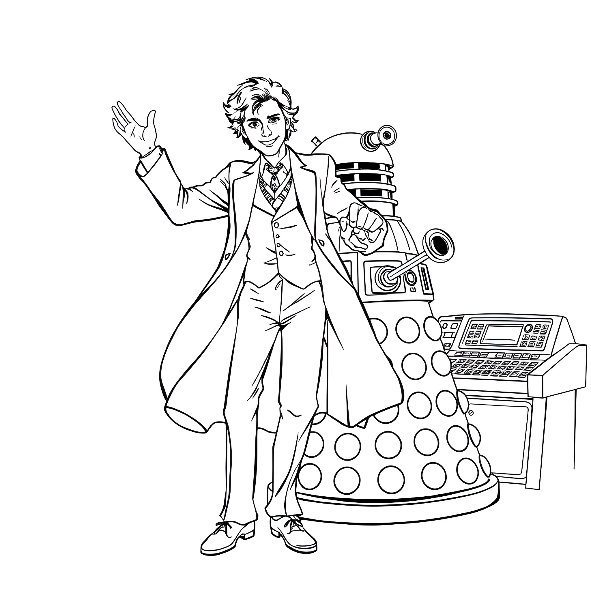 Doctor standing confidently beside futuristic machines Coloring Page (free black-and-white line drawing printable PDF for all, from beginners to advanced learners, including children, teens, adults, and seniors)