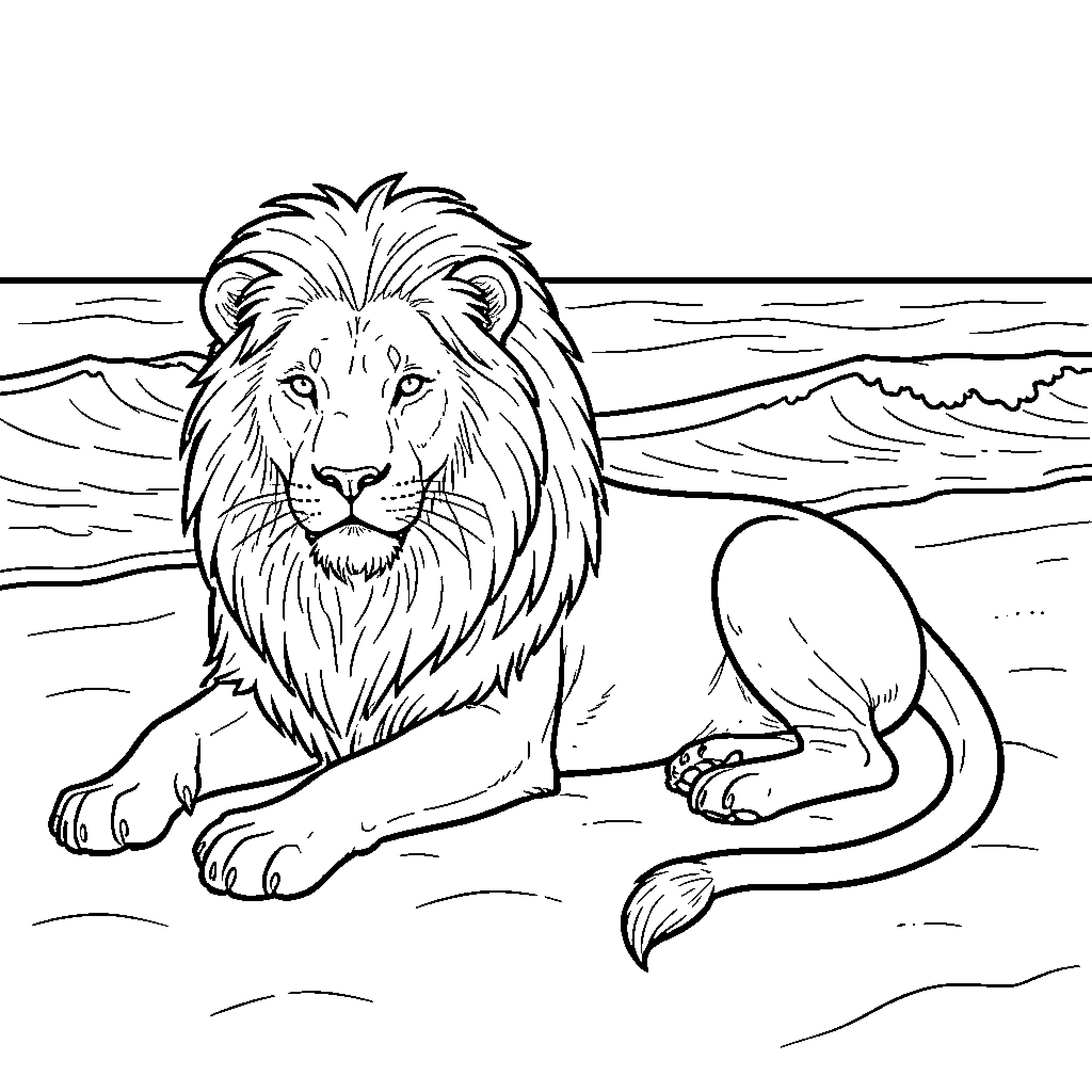 Lion resting peacefully on the sandy beach Coloring Page (free black-and-white line drawing printable PDF for all, from beginners to advanced learners, including children, teens, adults, and seniors)