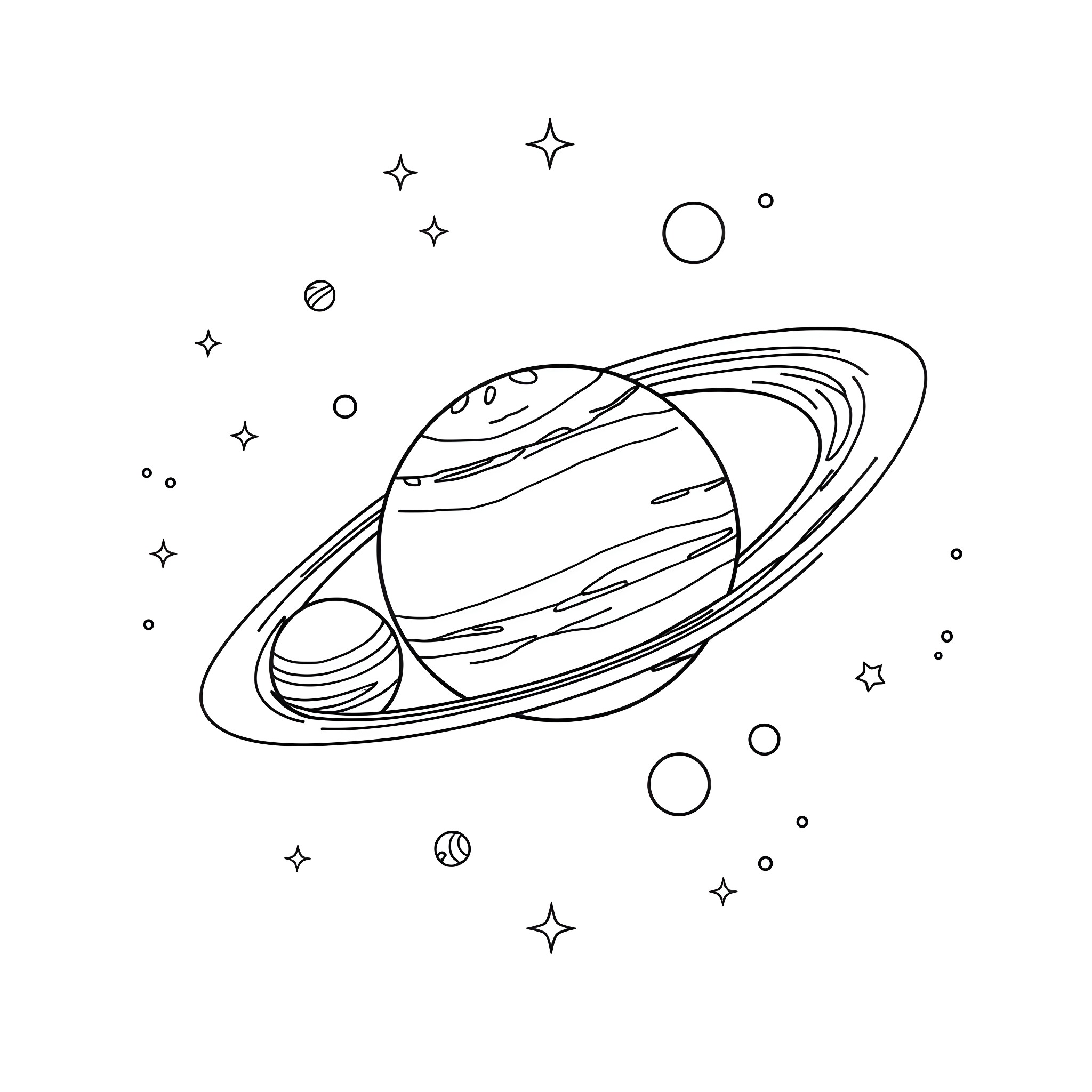 Solar System with Planets and Stars Coloring Page (free black-and-white line drawing printable PDF for all, from beginners to advanced learners, including children, teens, adults, and seniors)