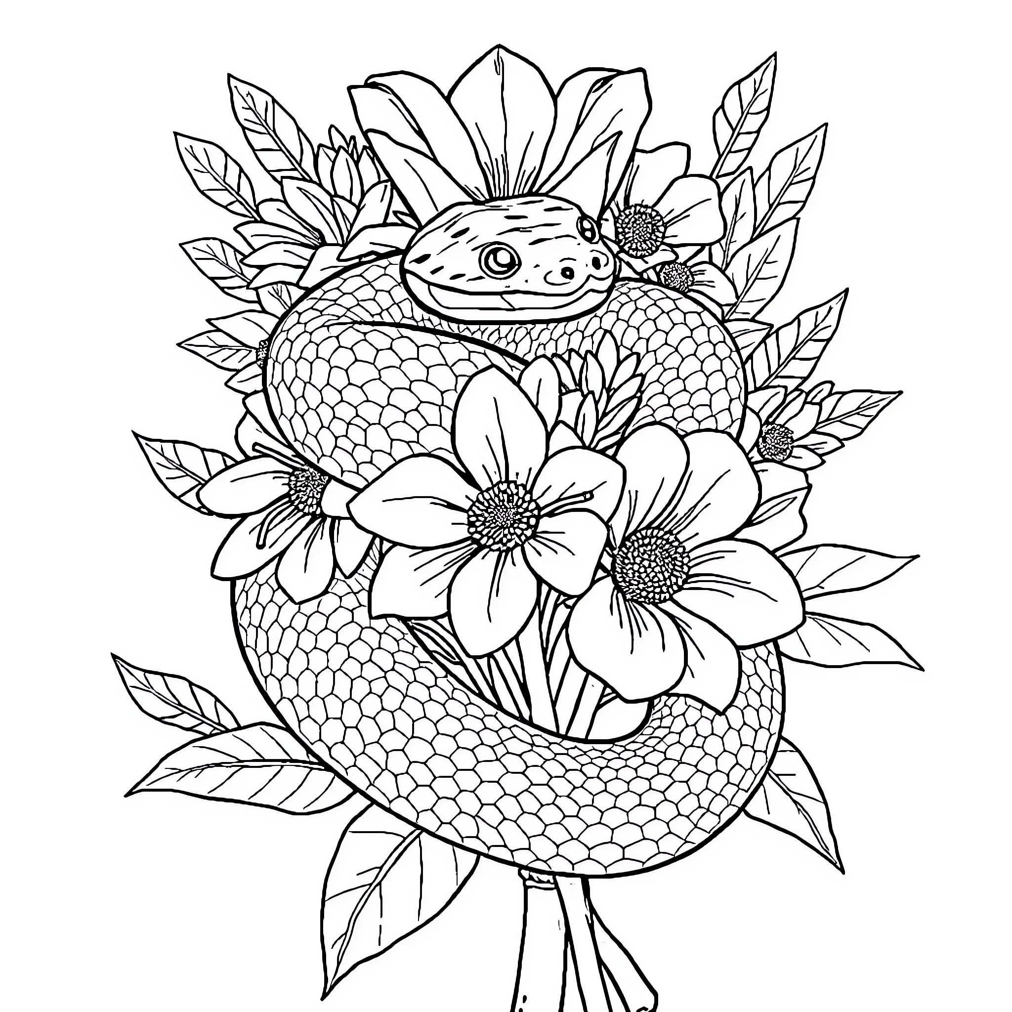 Snake surrounded by colorful flowers and leaves Coloring Page (free black-and-white line drawing printable PDF for all, from beginners to advanced learners, including children, teens, adults, and seniors)