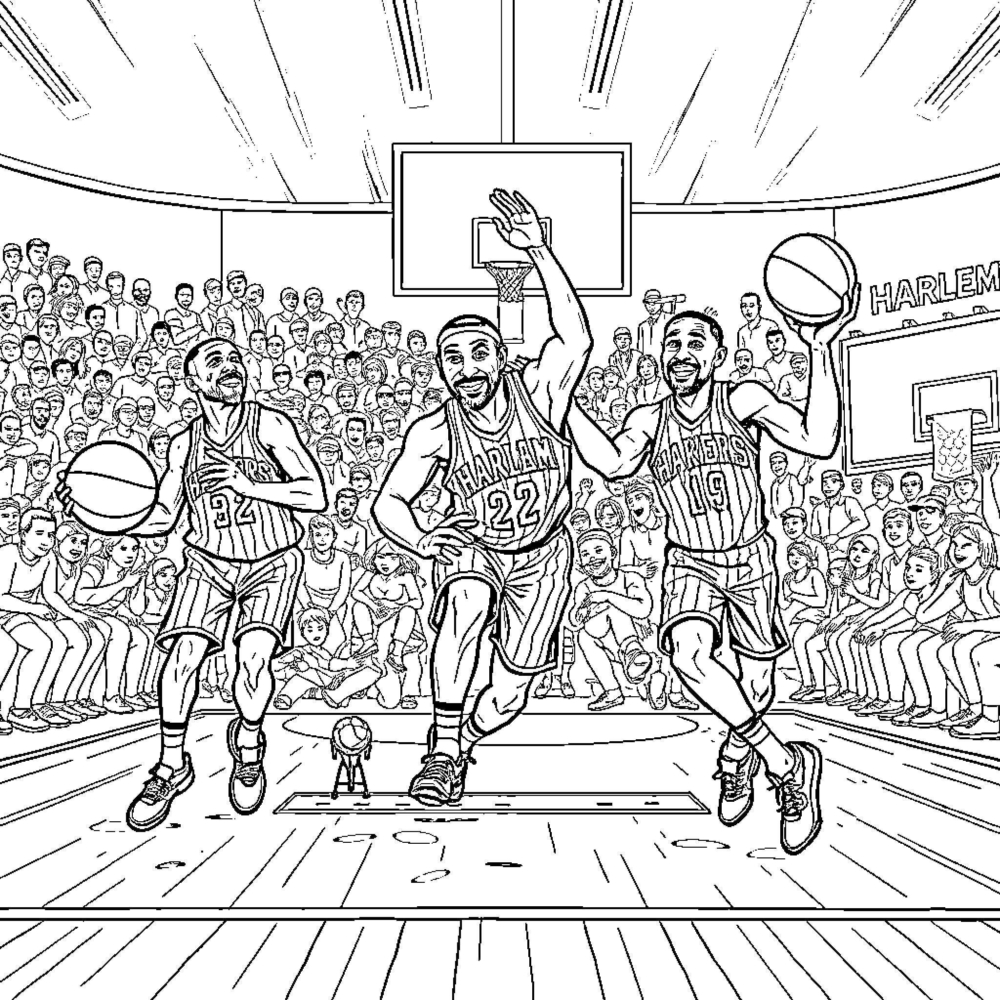Harlem Globetrotters Entertaining a Captivated Crowd Coloring Page (free black-and-white line drawing printable PDF for all, from beginners to advanced learners, including children, teens, adults, and seniors)