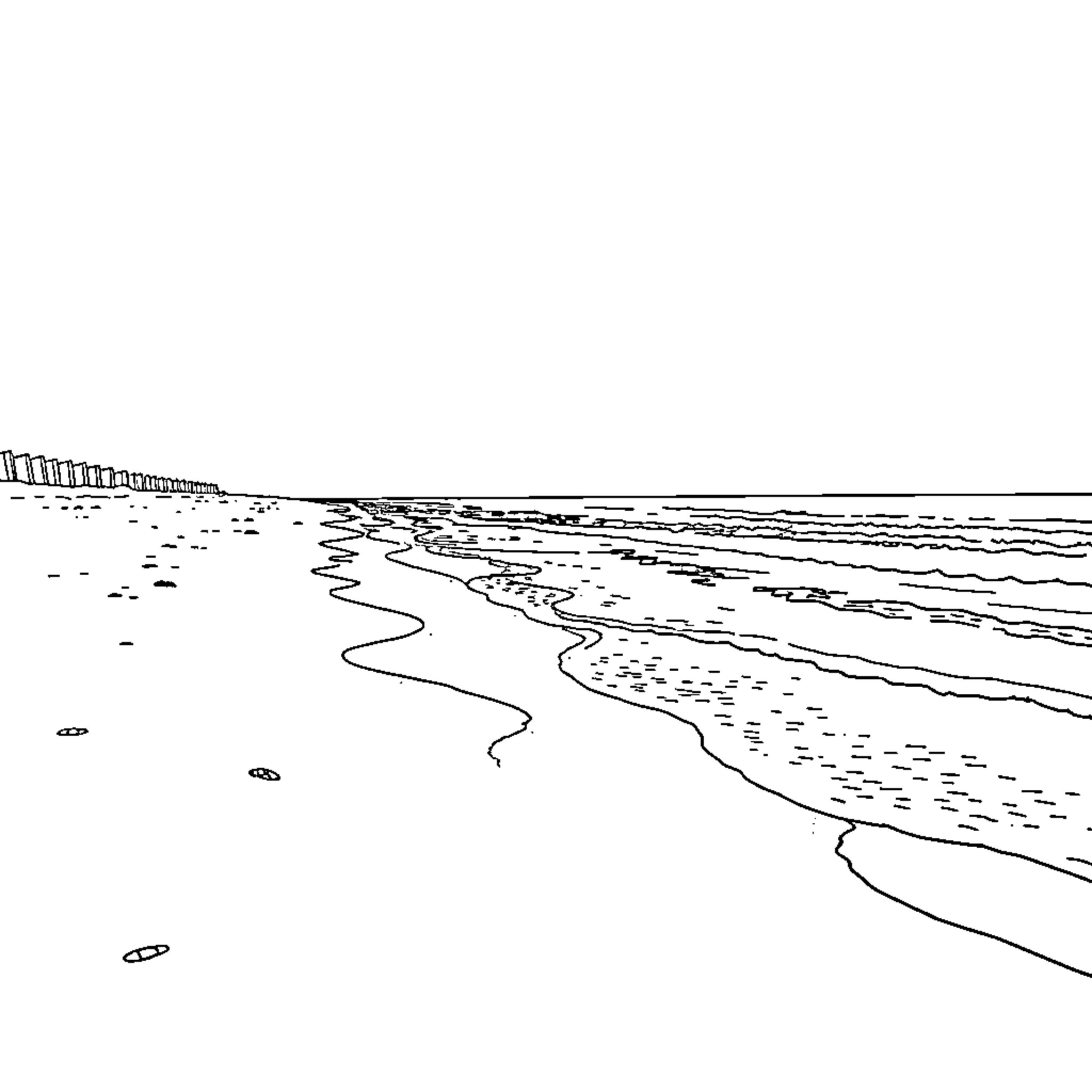 Beach scene with waves and sandy shore Coloring Page (free black-and-white line drawing printable PDF for all, from beginners to advanced learners, including children, teens, adults, and seniors)