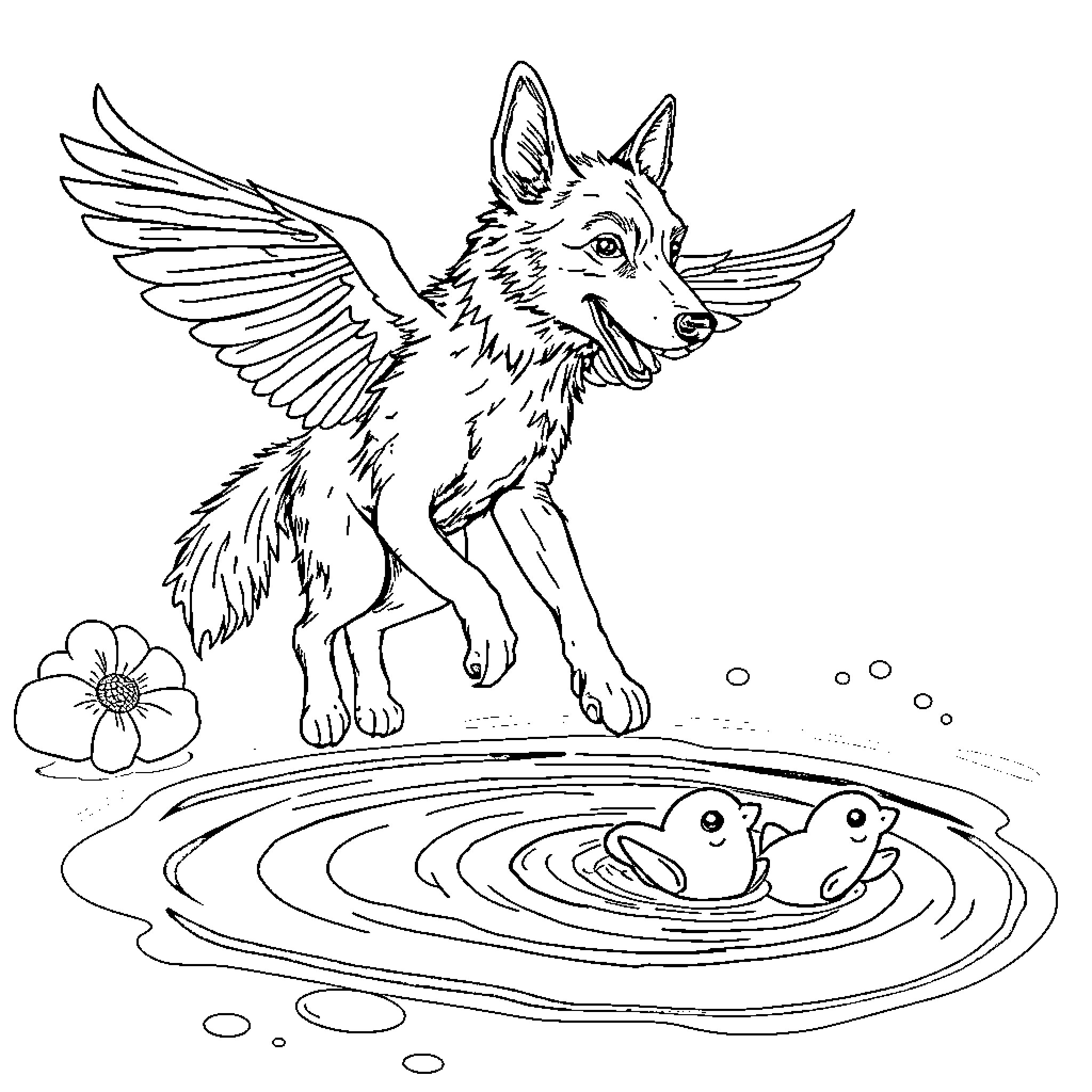 Flying Dog Soaring Above Pond with Fish Coloring Page (free black-and-white line drawing printable PDF for all, from beginners to advanced learners, including children, teens, adults, and seniors)