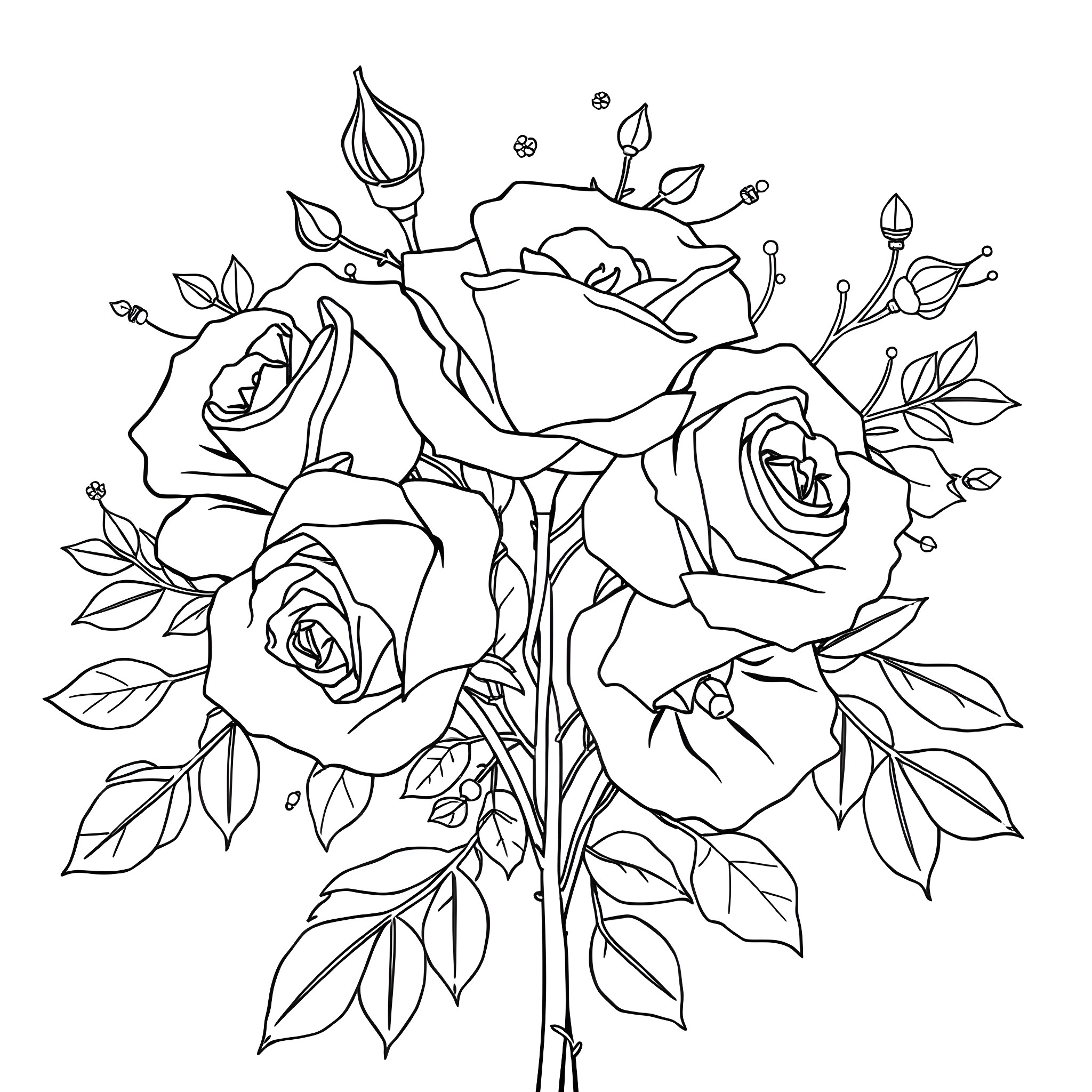 Rose Bouquet Blooming with Delicate Petals Coloring Page (free black-and-white line drawing printable PDF for all, from beginners to advanced learners, including children, teens, adults, and seniors)