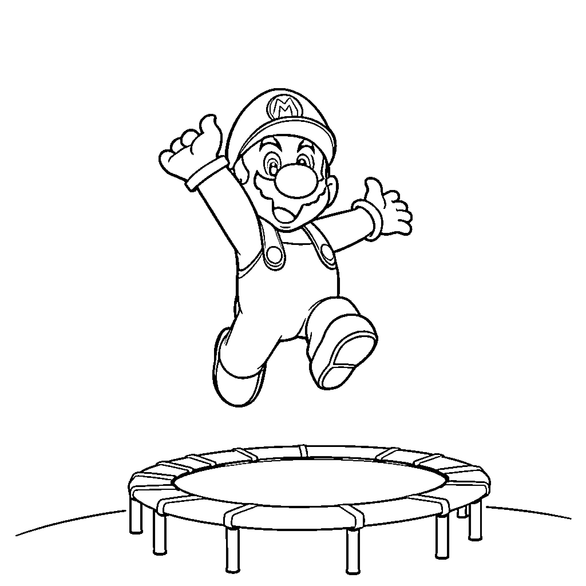 Mario jumping on a trampoline Coloring Page (free black-and-white line drawing printable PDF for all, from beginners to advanced learners, including children, teens, adults, and seniors)