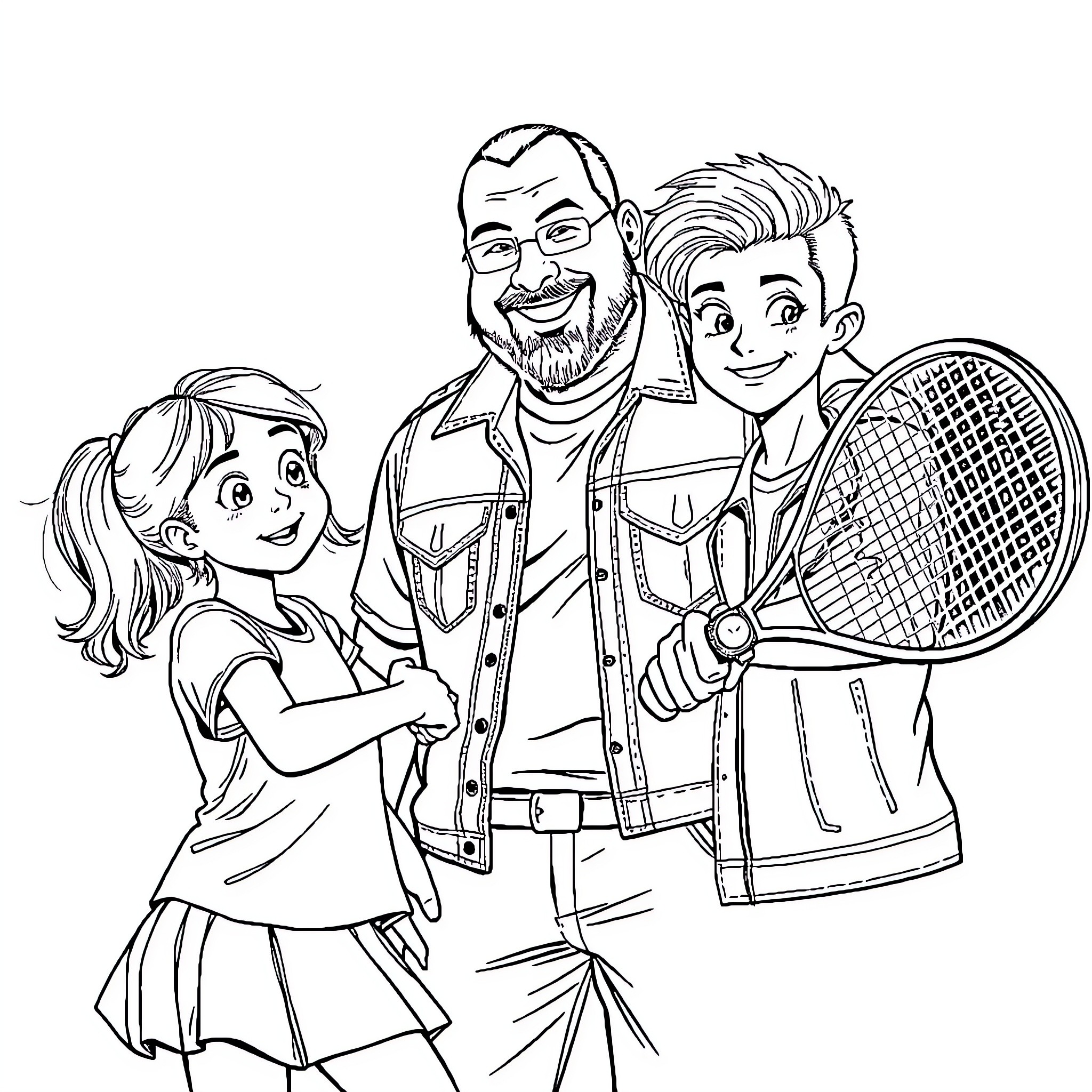 Girl with Father and Son Playing Tennis Coloring Page (free black-and-white line drawing printable PDF for all, from beginners to advanced learners, including children, teens, adults, and seniors)