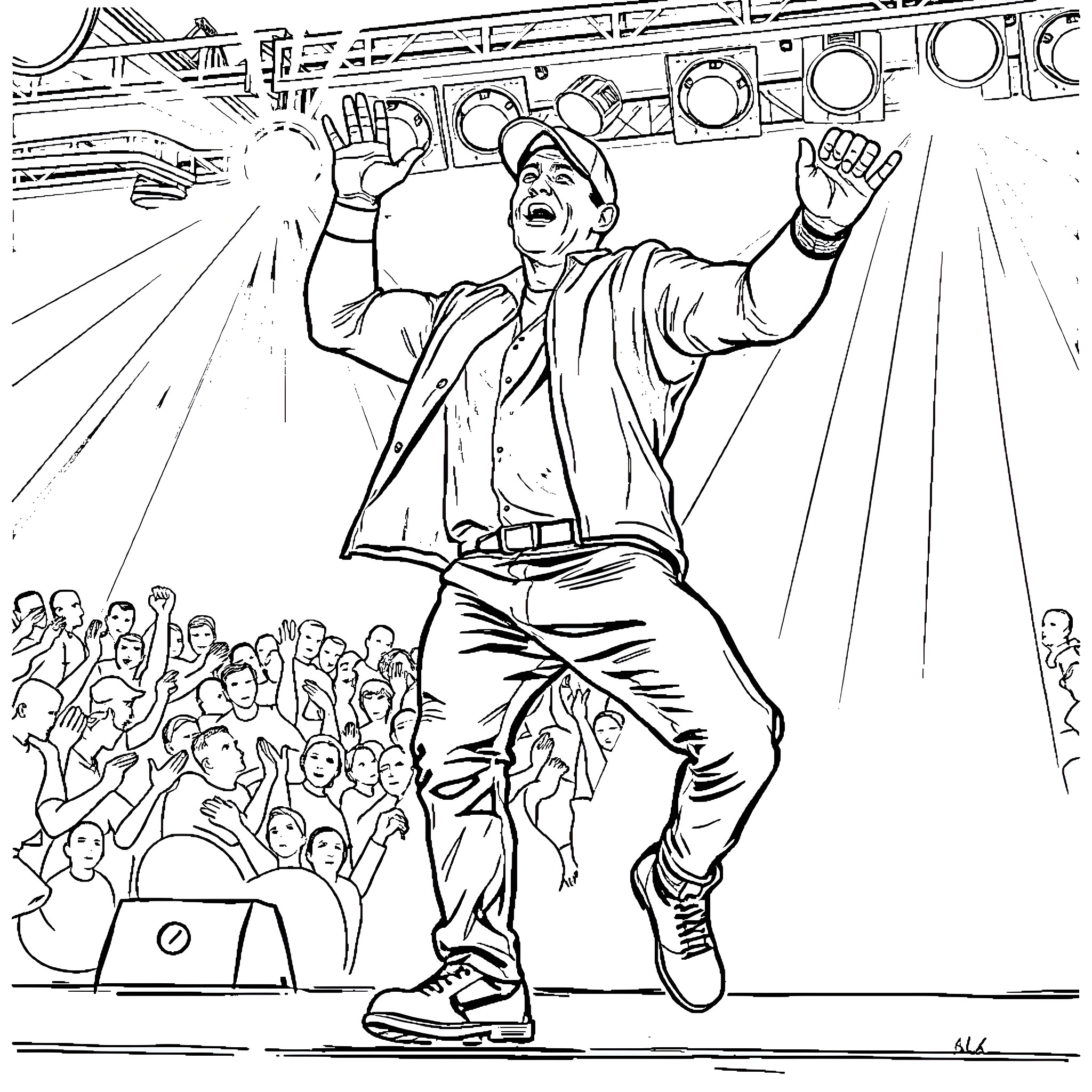John Cena Energetic Performance on Stage Coloring Page (free black-and-white line drawing printable PDF for all, from beginners to advanced learners, including children, teens, adults, and seniors)