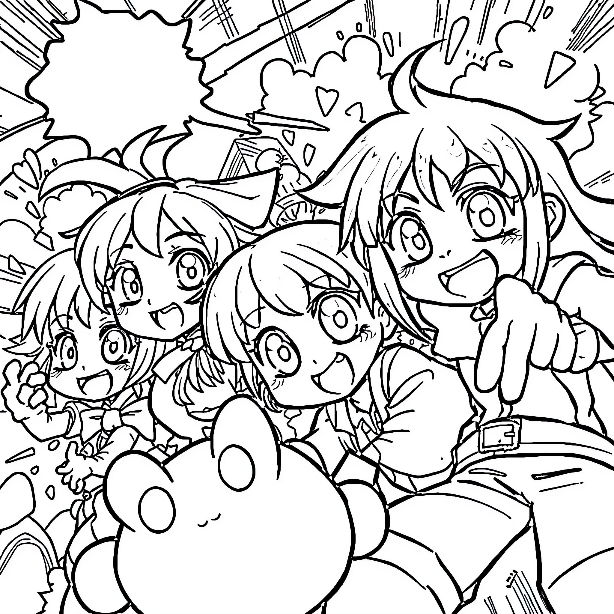 Anime characters in a joyful group scene Coloring Page (free black-and-white line drawing printable PDF for all, from beginners to advanced learners, including children, teens, adults, and seniors)