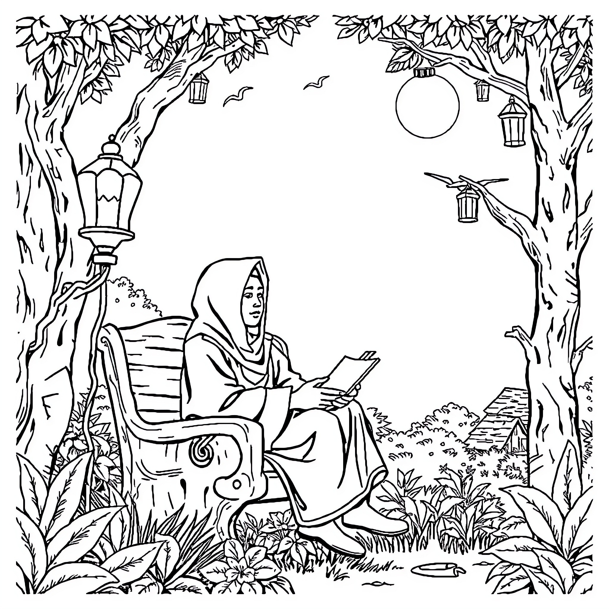 Pemuda reading a book in a serene outdoor setting Coloring Page (free black-and-white line drawing printable PDF for all, from beginners to advanced learners, including children, teens, adults, and seniors)