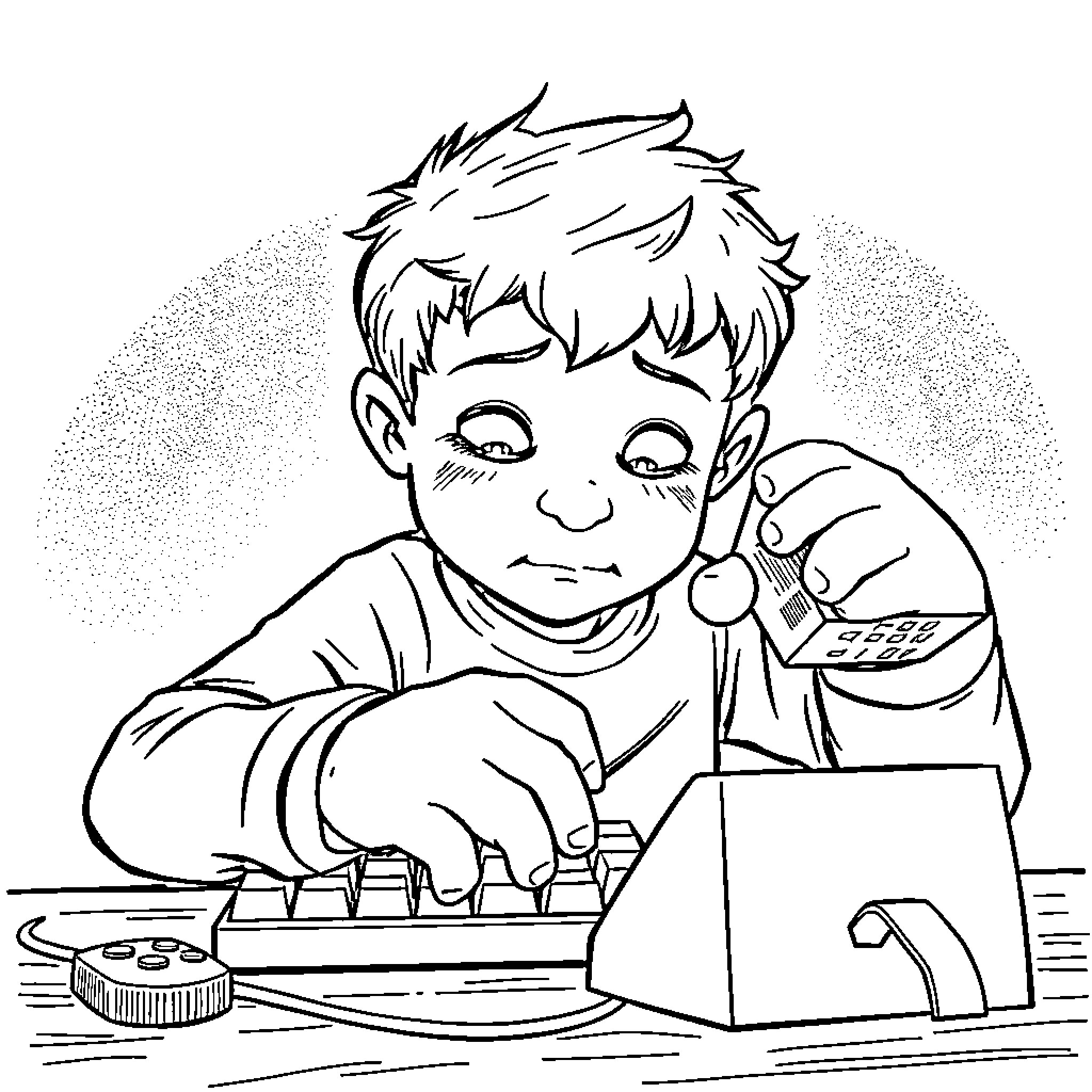 Kid intently working on arts and crafts project Coloring Page (free black-and-white line drawing printable PDF for all, from beginners to advanced learners, including children, teens, adults, and seniors)