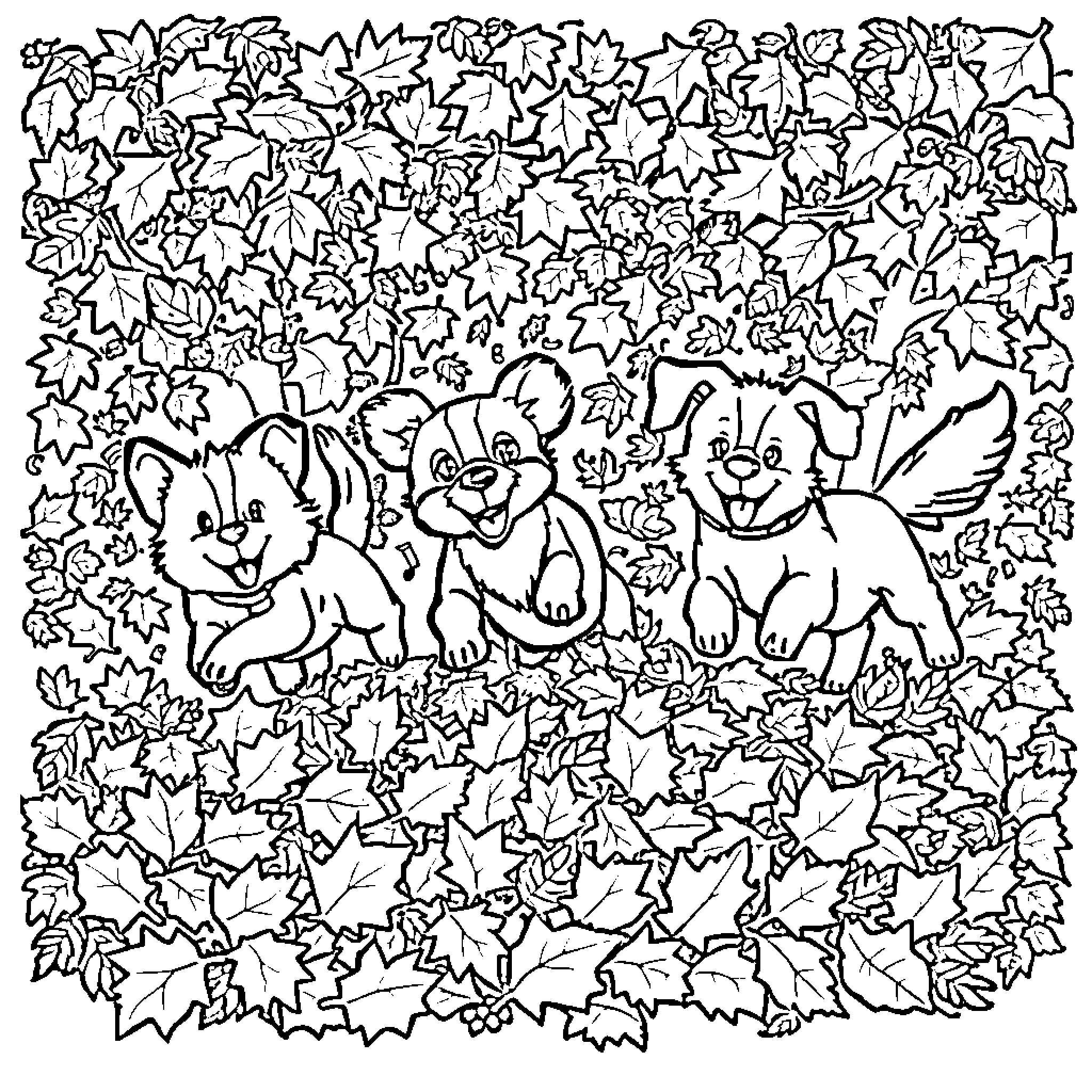 Pets Playing Among Autumn Leaves Coloring Page (free black-and-white line drawing printable PDF for all, from beginners to advanced learners, including children, teens, adults, and seniors)