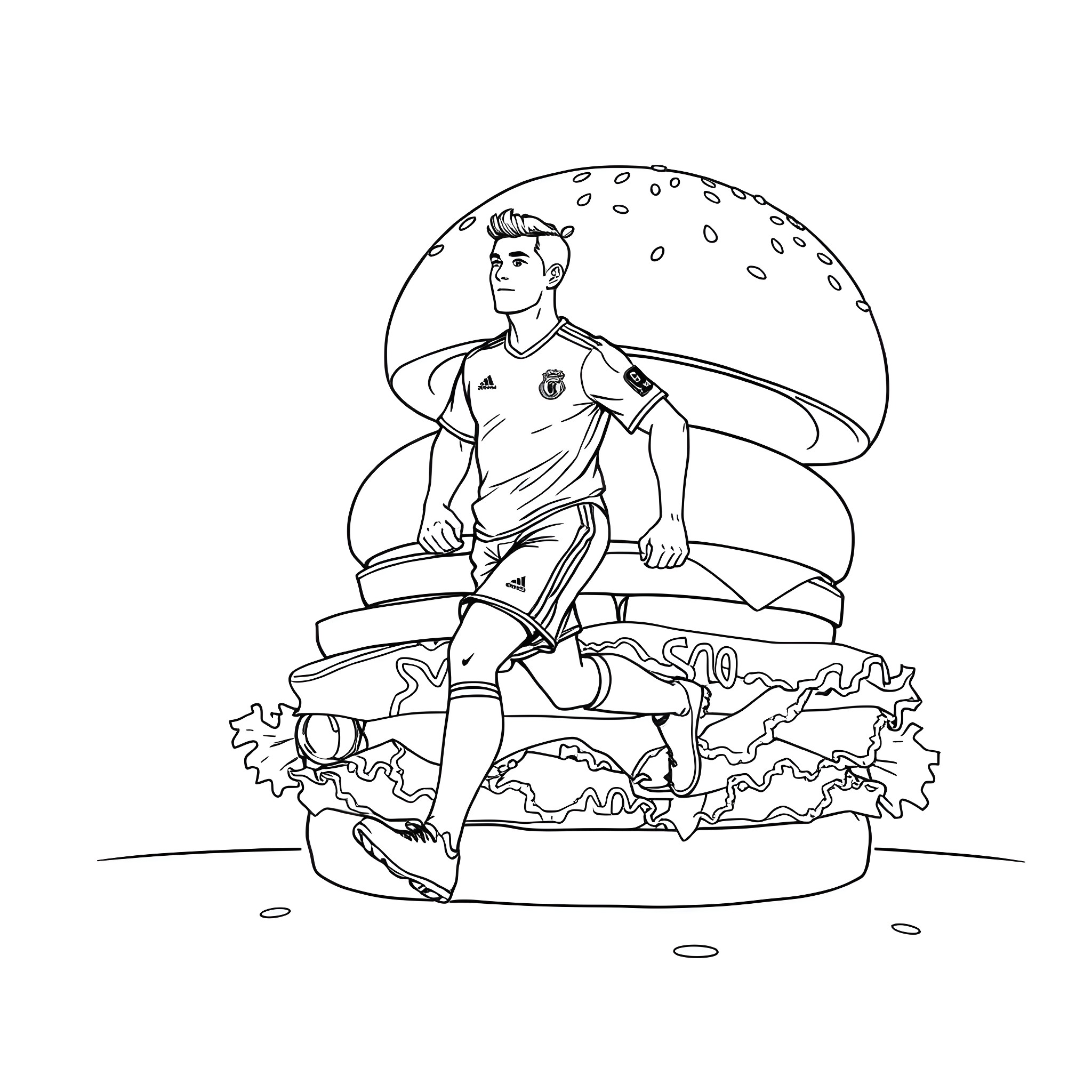 Ronaldo in action on the soccer field Coloring Page (free black-and-white line drawing printable PDF for all, from beginners to advanced learners, including children, teens, adults, and seniors)