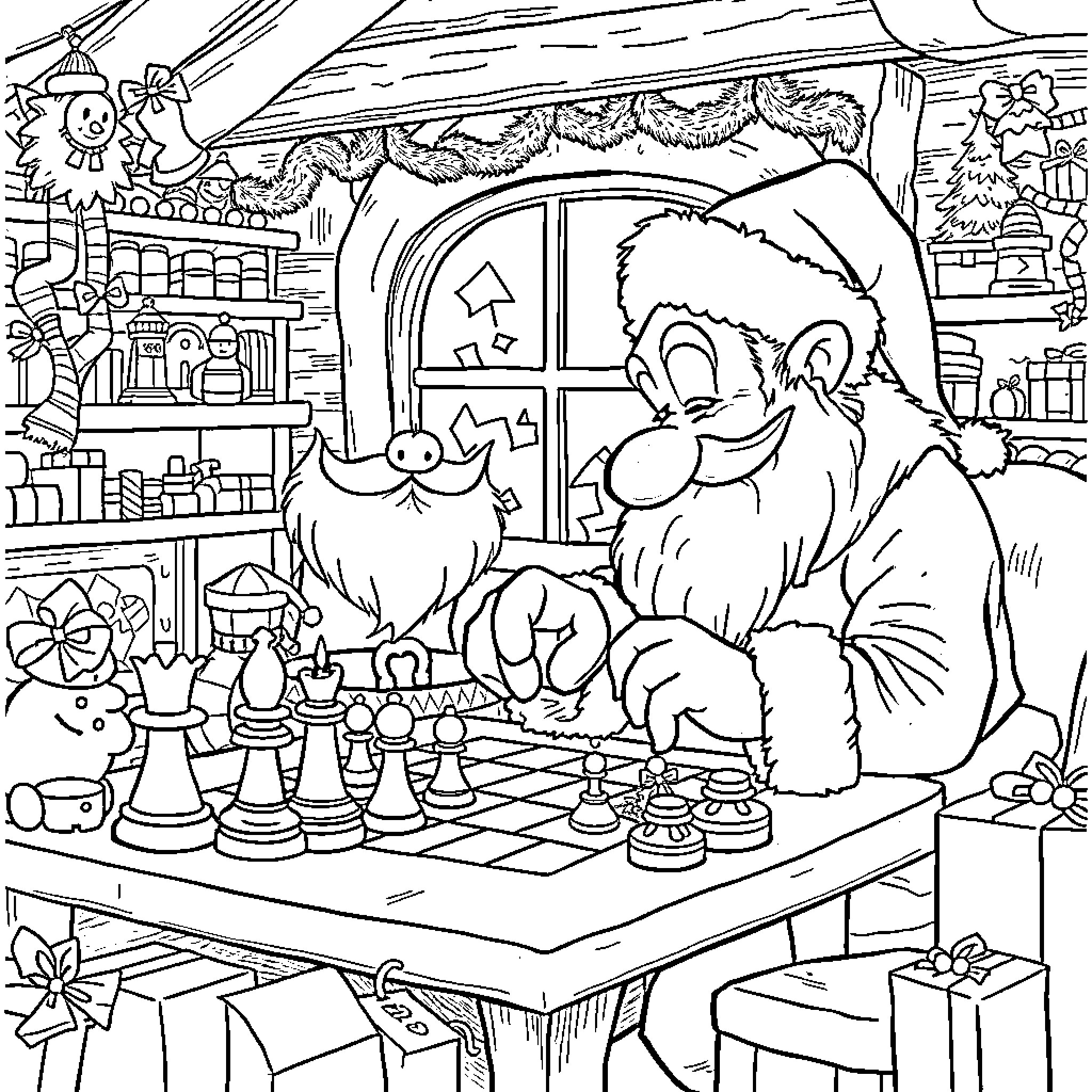 Bluey's Cozy Christmas Playtime Coloring Page (free black-and-white line drawing printable PDF for all, from beginners to advanced learners, including children, teens, adults, and seniors)