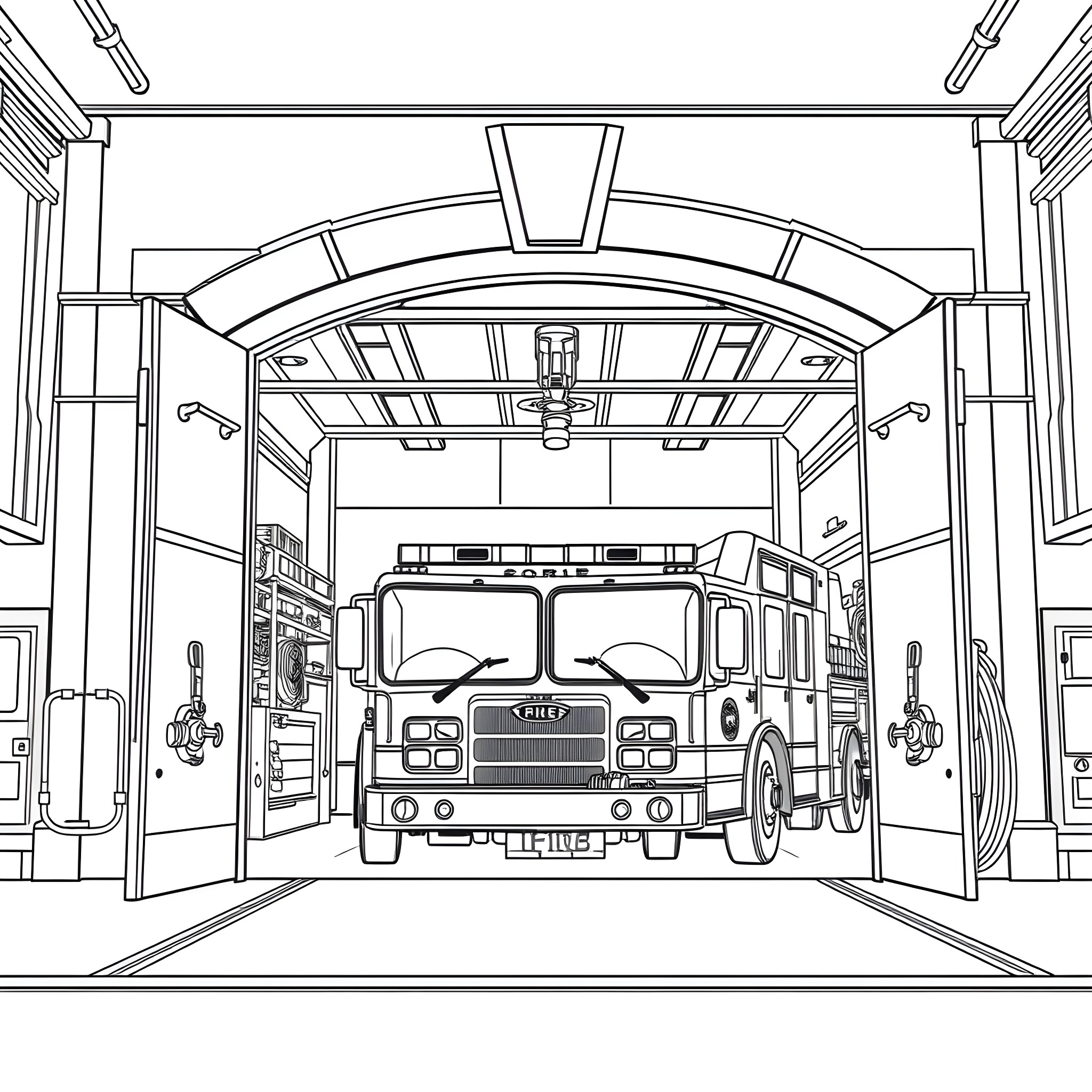 Firehouse with firefighting truck inside Coloring Page (free black-and-white line drawing printable PDF for all, from beginners to advanced learners, including children, teens, adults, and seniors)