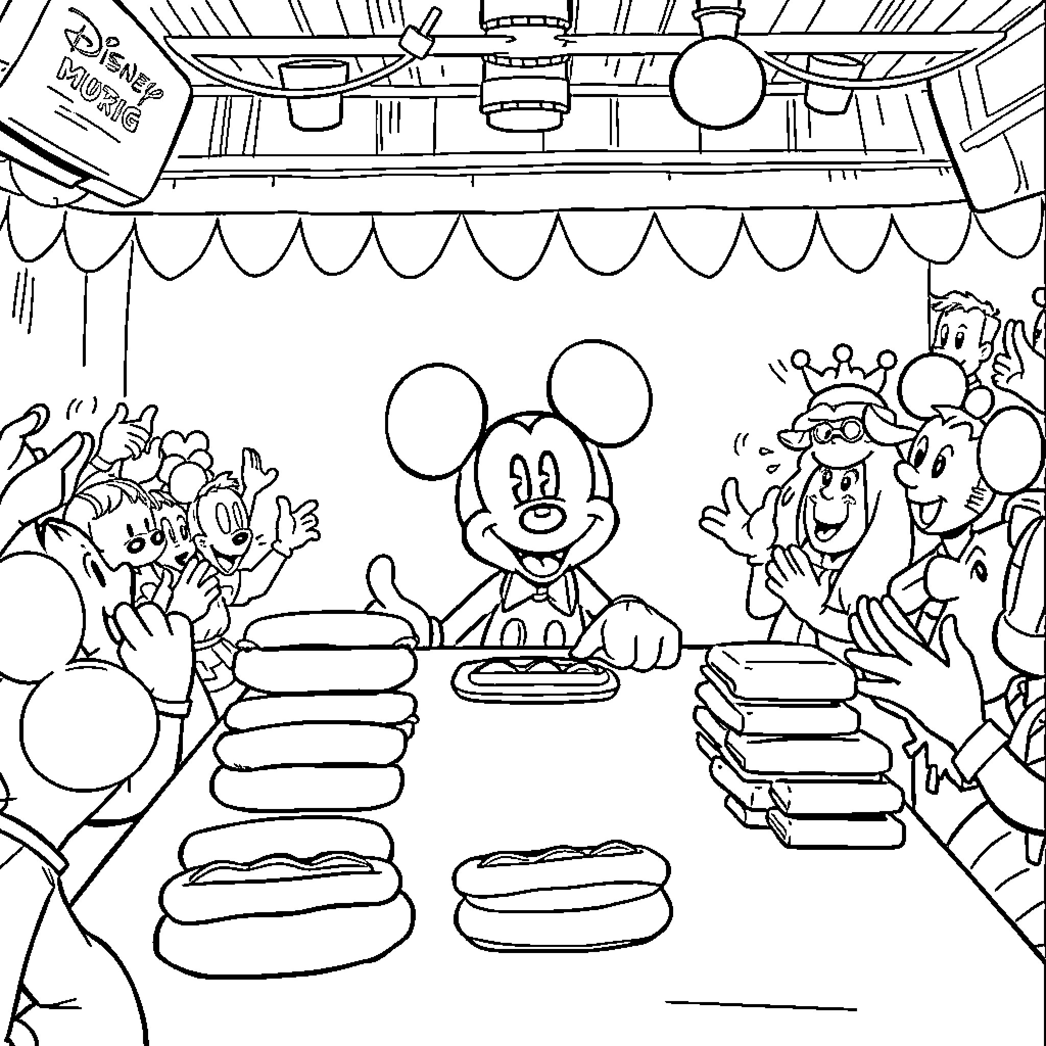 Mickey Mouse and Friends Enjoying a Carnival Celebration Coloring Page (free black-and-white line drawing printable PDF for all, from beginners to advanced learners, including children, teens, adults, and seniors)