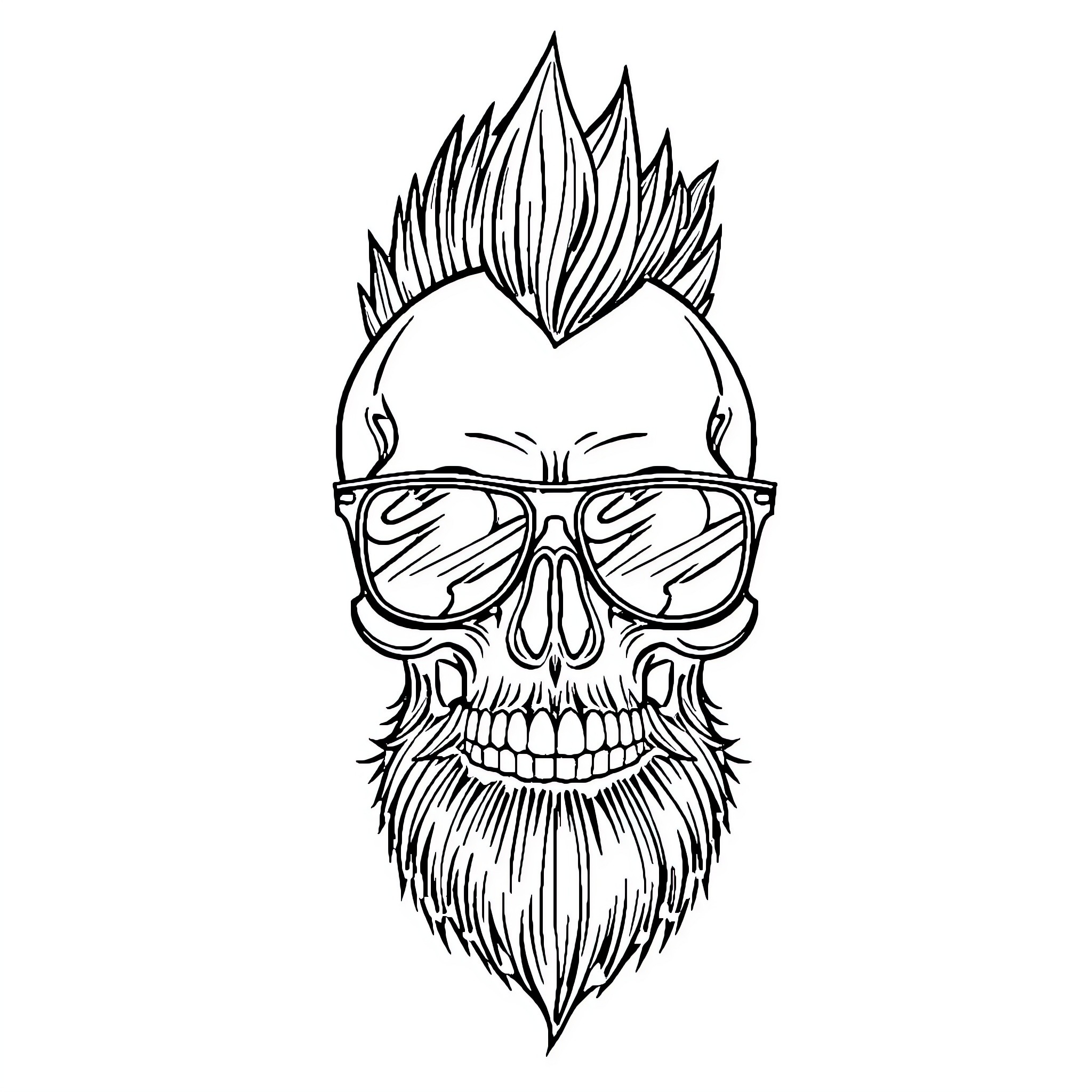 Skull with punk hairstyle and sunglasses Coloring Page (free black-and-white line drawing printable PDF for all, from beginners to advanced learners, including children, teens, adults, and seniors)