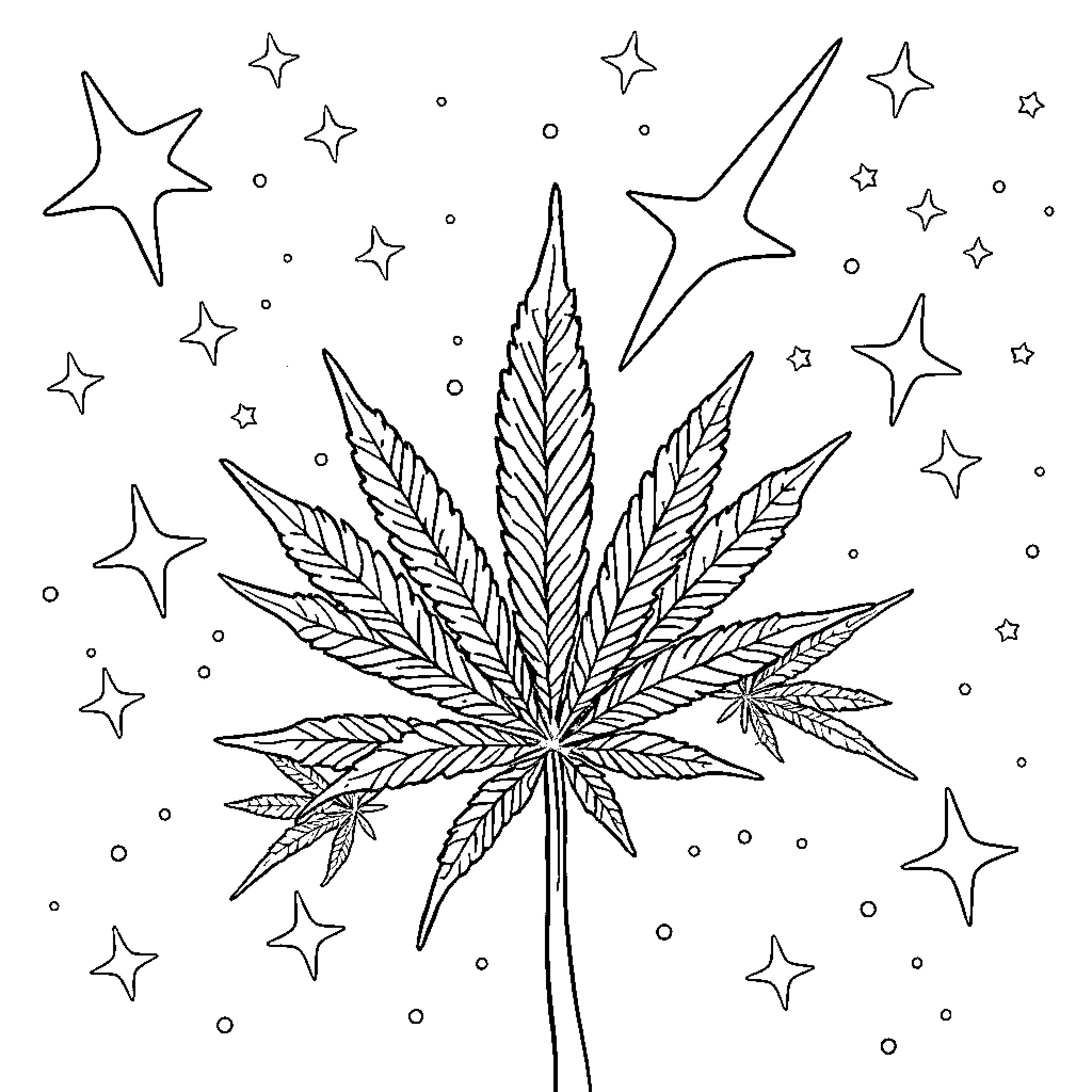 Cannabis leaf surrounded by enchanting stars Coloring Page (free black-and-white line drawing printable PDF for all, from beginners to advanced learners, including children, teens, adults, and seniors)