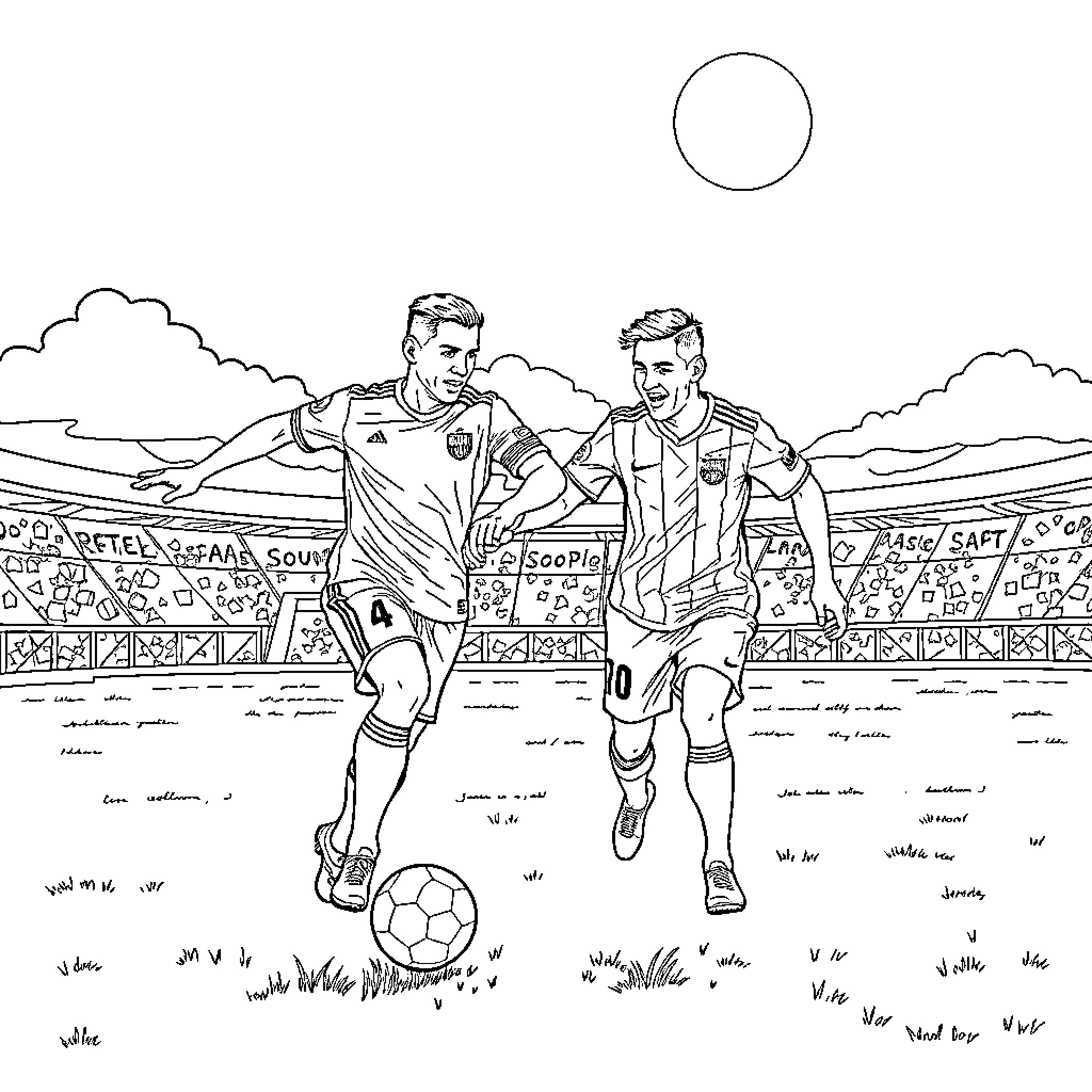 Ronaldo and teammate playing football on the field Coloring Page (free black-and-white line drawing printable PDF for all, from beginners to advanced learners, including children, teens, adults, and seniors)
