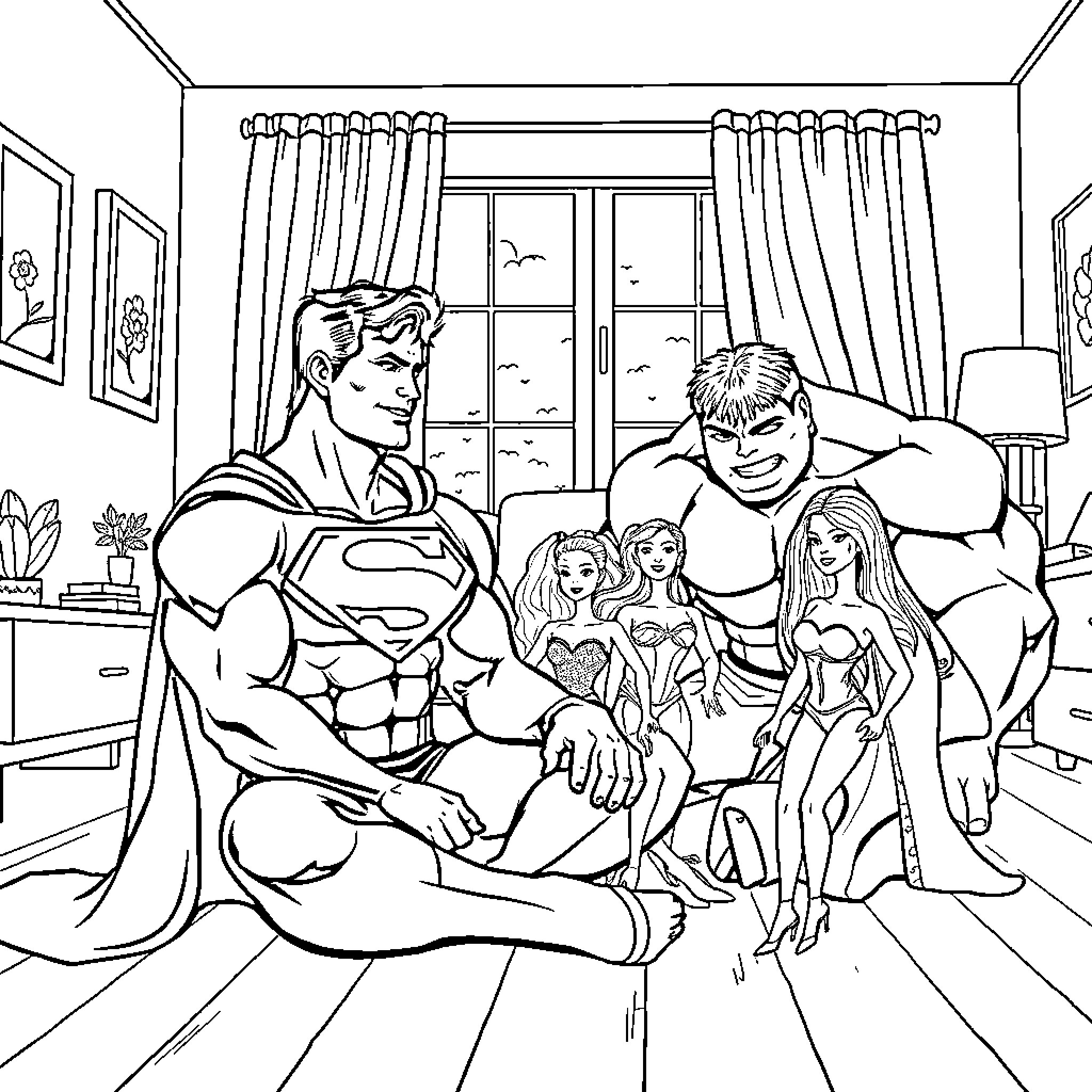 Superman and his family enjoying a cozy day at home Coloring Page (free black-and-white line drawing printable PDF for all, from beginners to advanced learners, including children, teens, adults, and seniors)